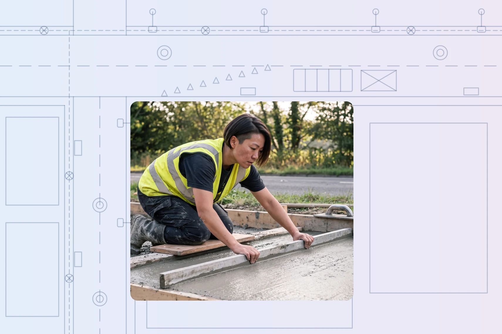 Worker screeding fresh concrete footpath bay between formboards