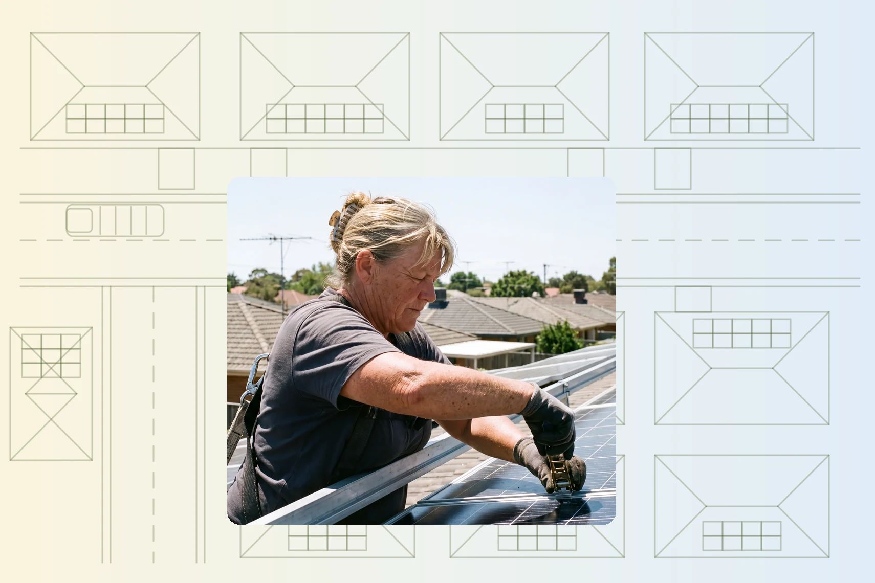Installer ratcheting panel clamps mid-roof, suburb rolling behind