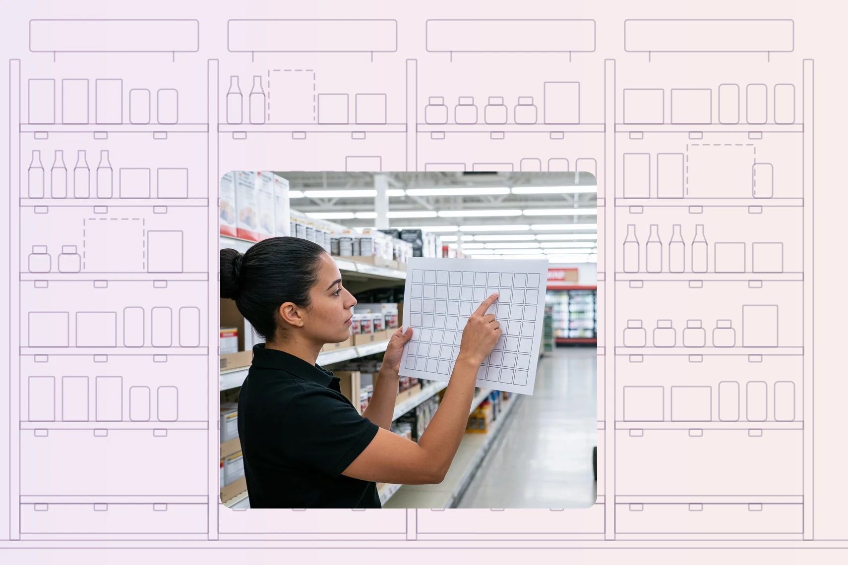 Merchandiser reading grid planogram sheet against shelf bay