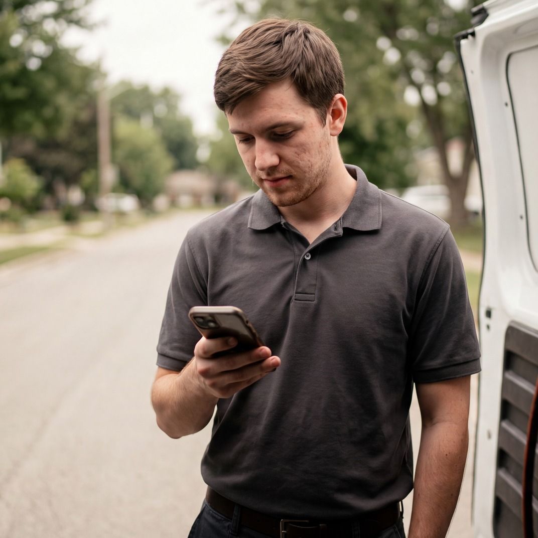 Repair technician checking job details on his phone at the van