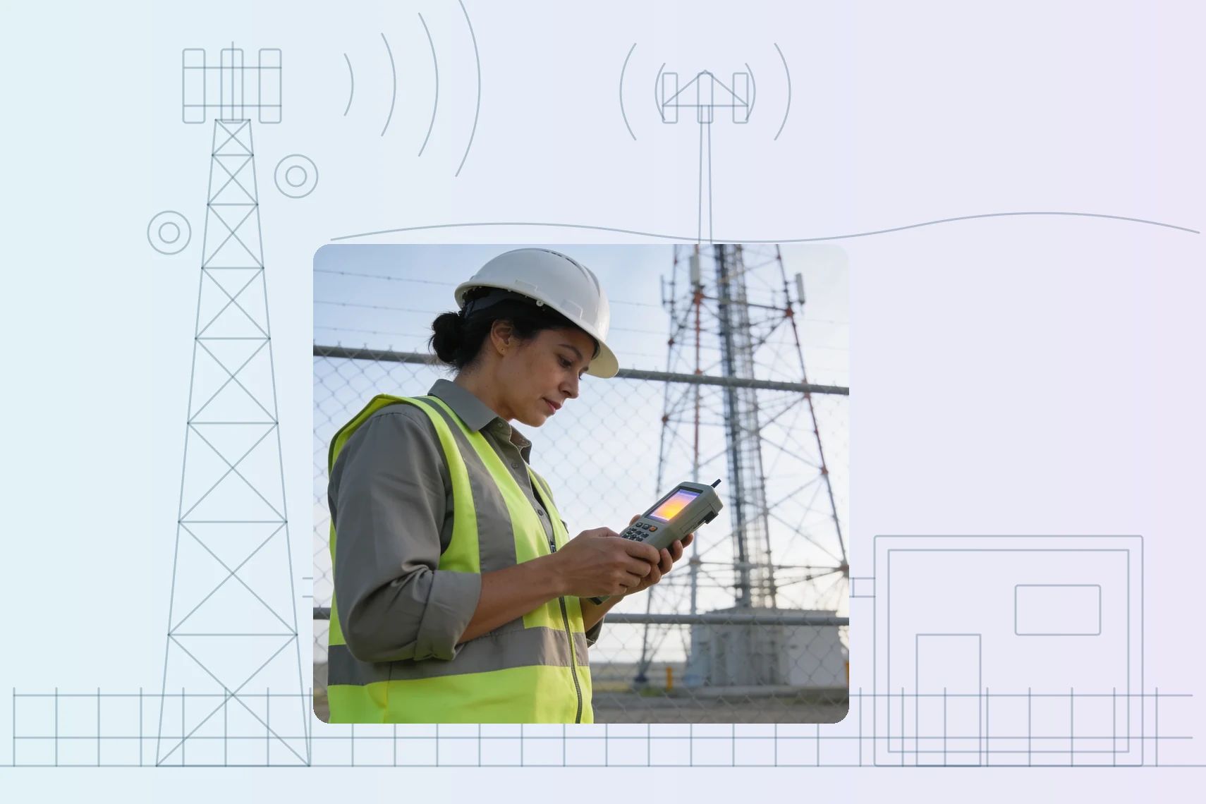 Tech reading alignment meter at compound edge, tower soft behind