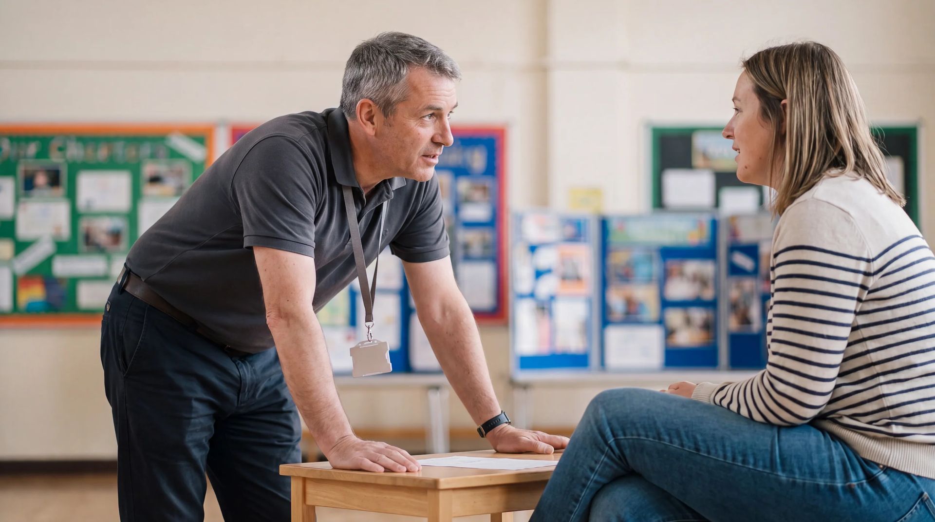 Staff member talking with a woman at a table in a school hall