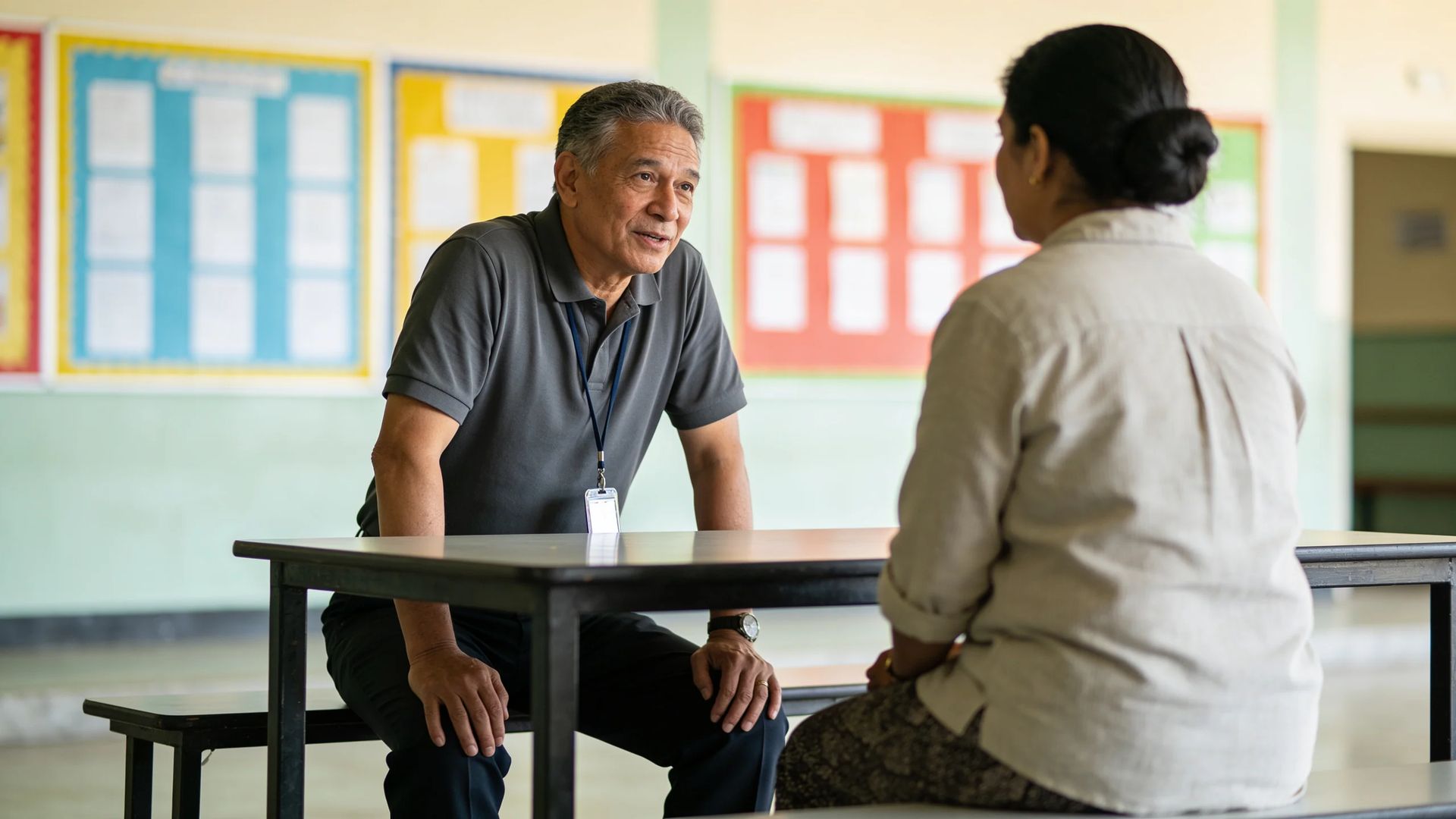 Two adults talking at a table in a school hall