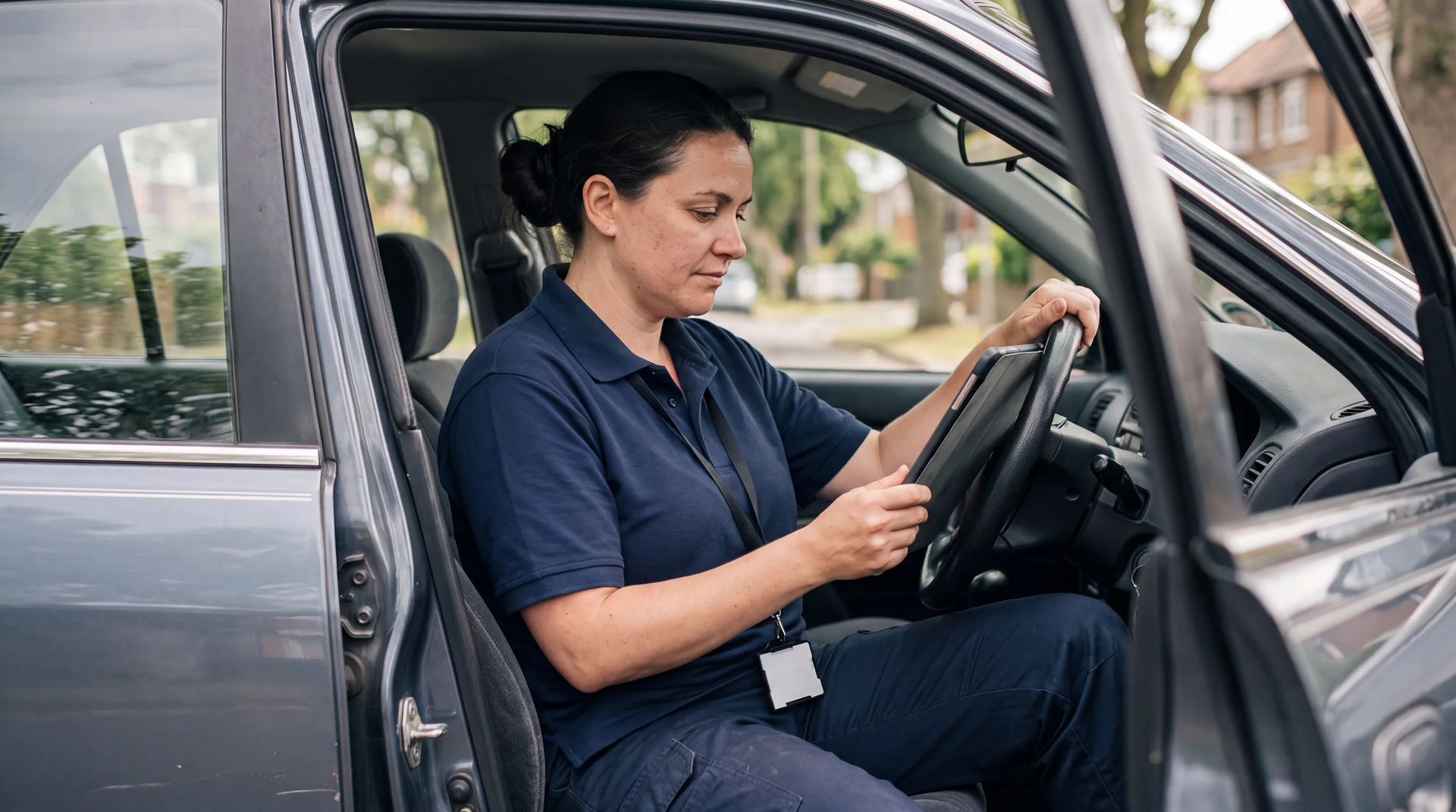 Worker using a tablet in the driver's seat of a parked car