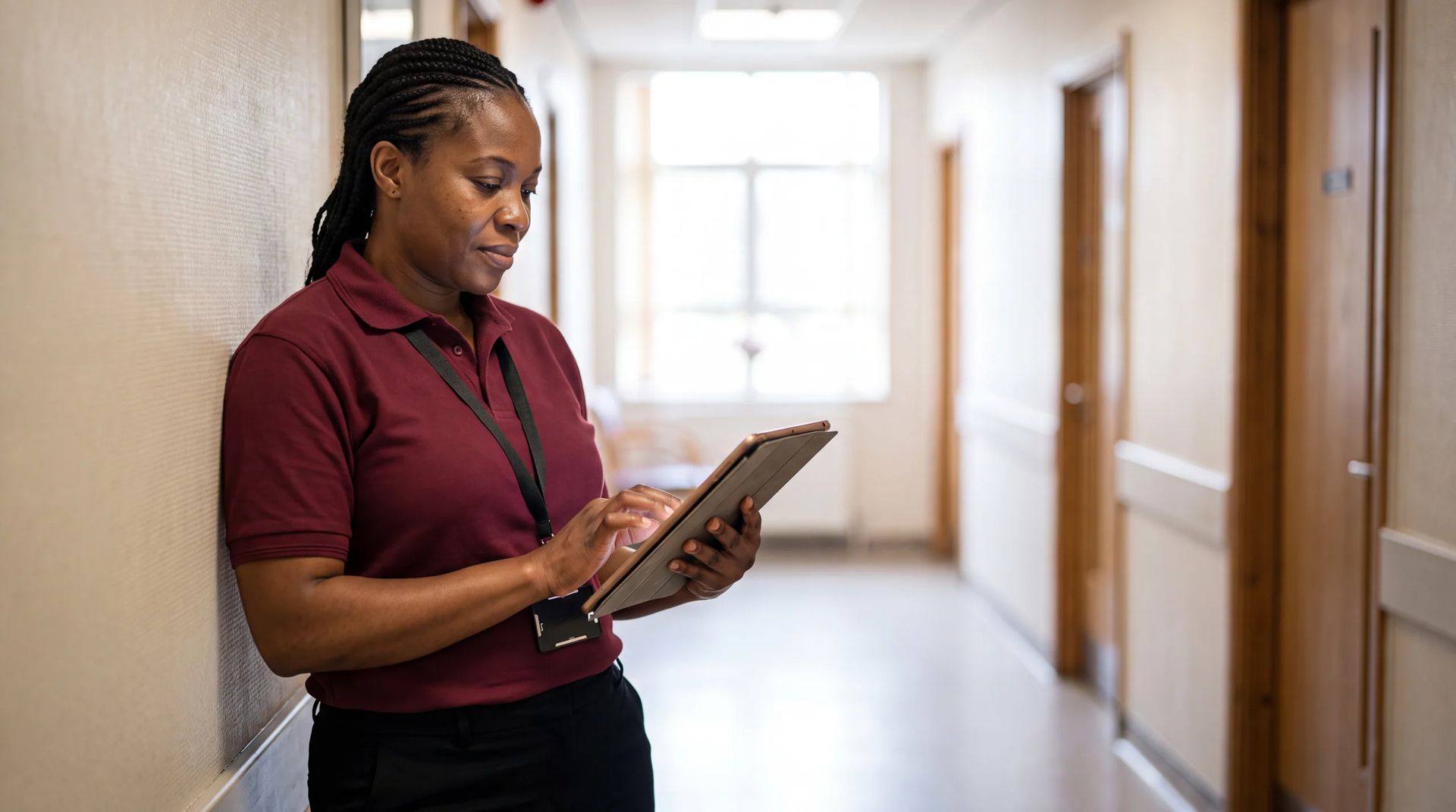 Staff member in a polo shirt using a tablet in a corridor