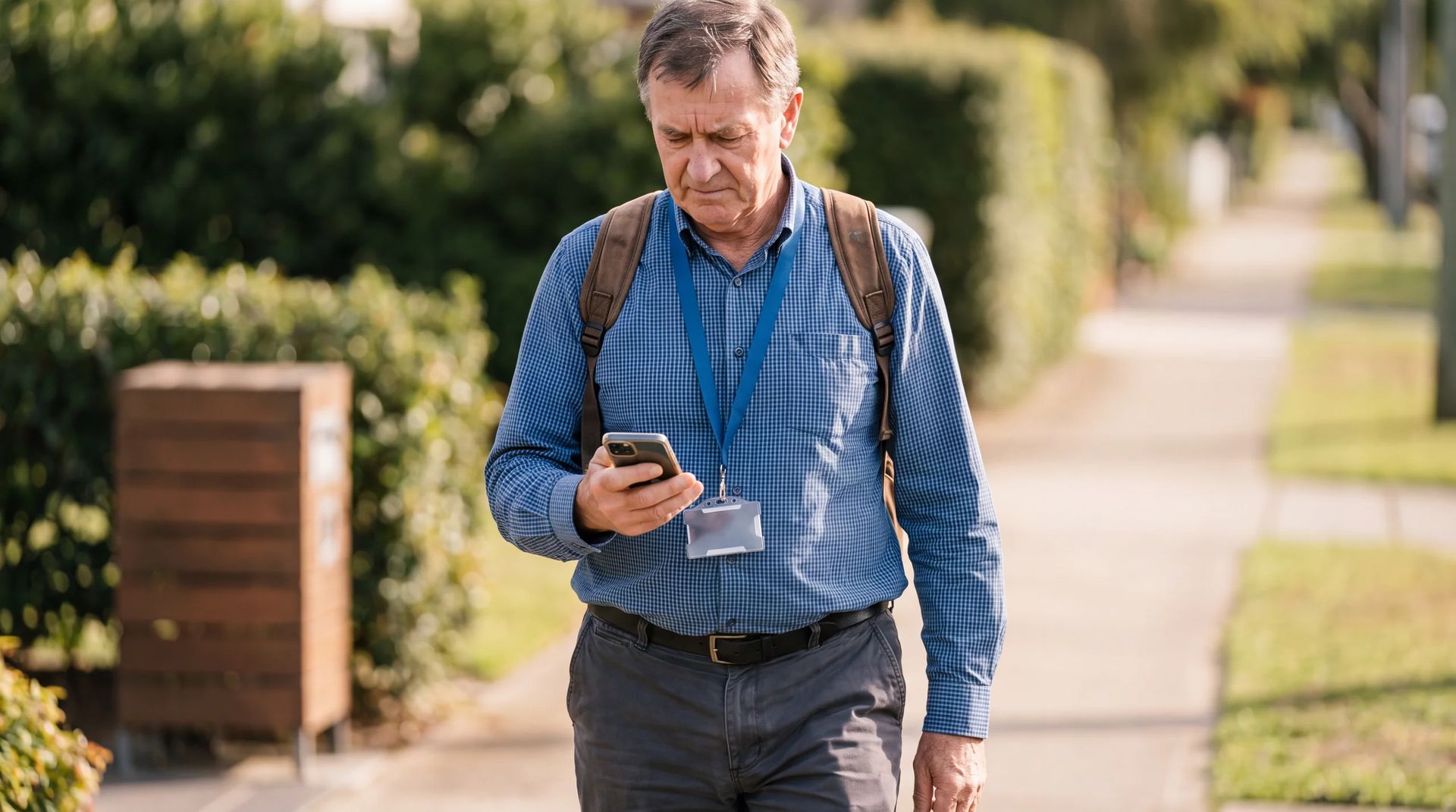 Staff member checking a phone while walking along a path