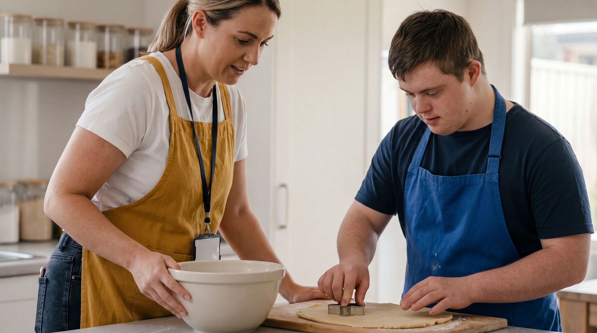 Support worker baking alongside young man with Down syndrome in supported living kitchen