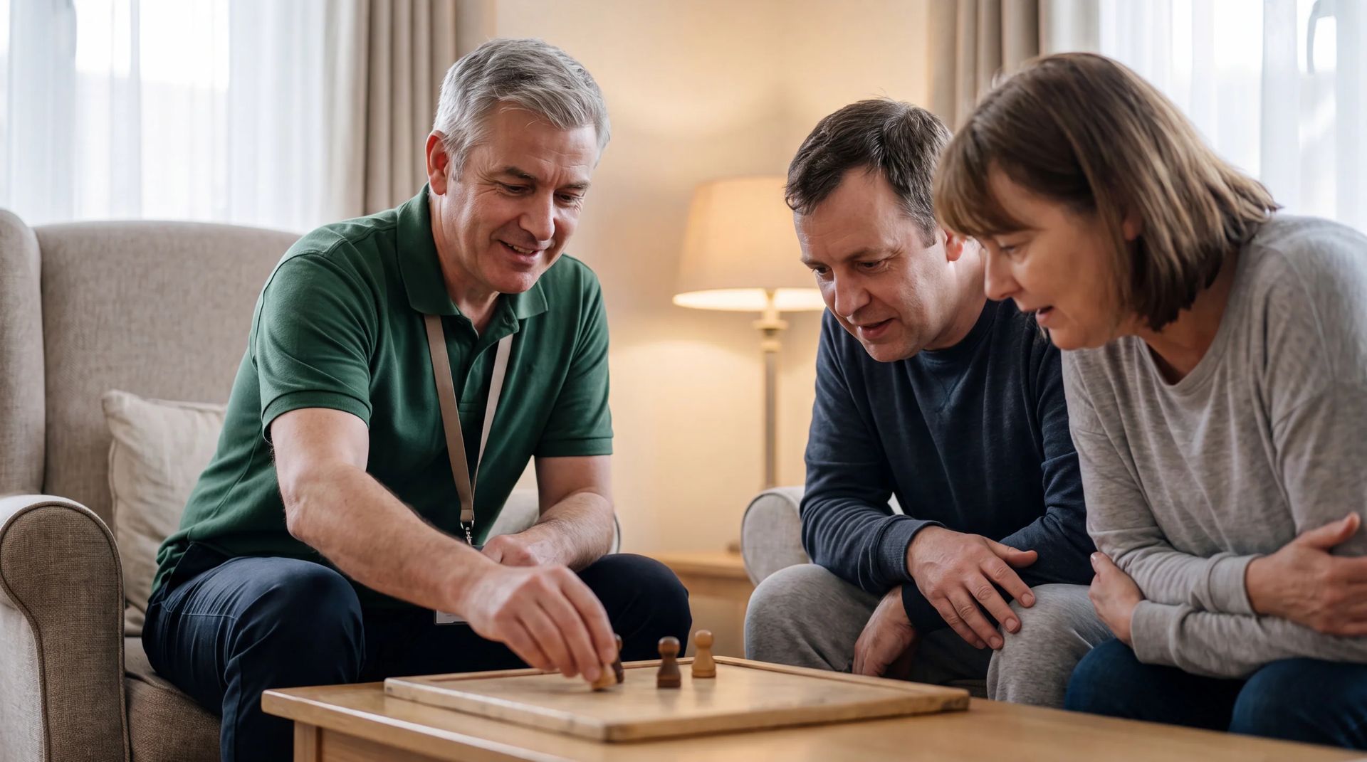 Staff member playing a board game with two adults in a lounge