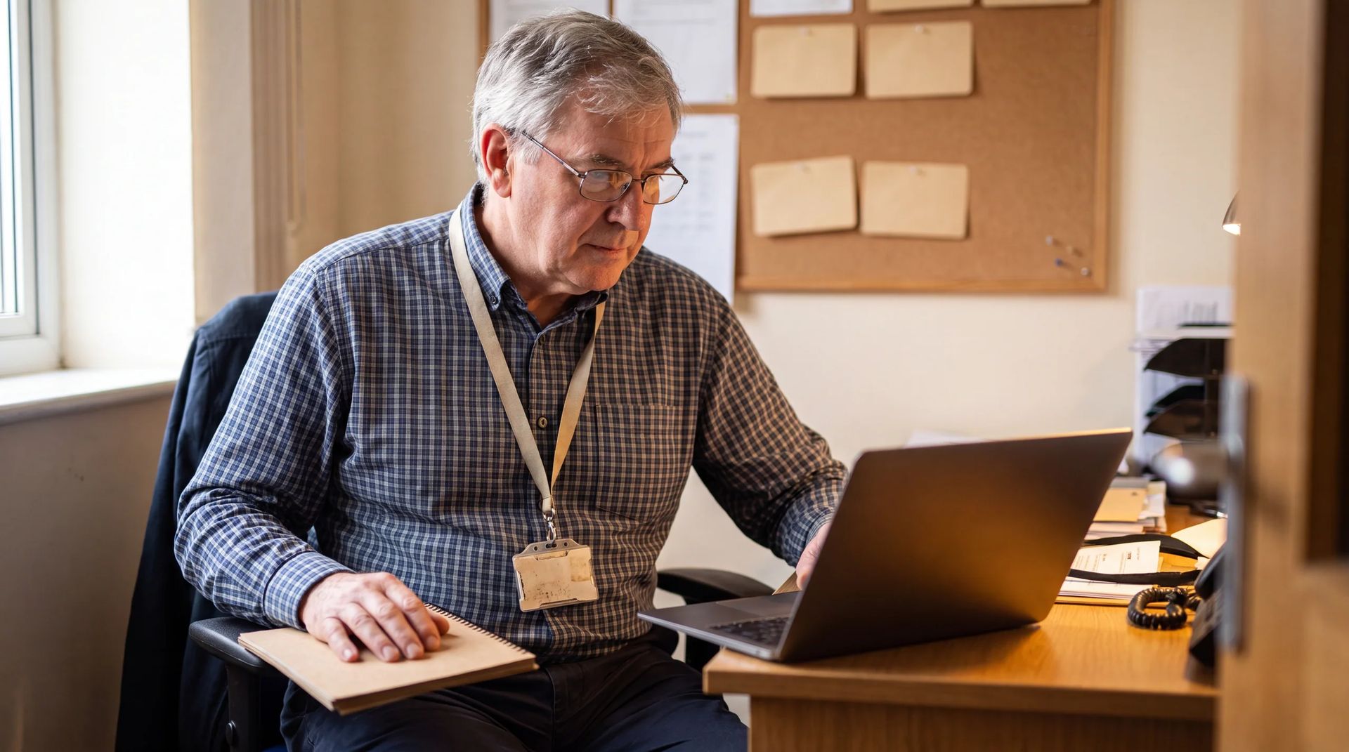 Staff member working on a laptop in a small office