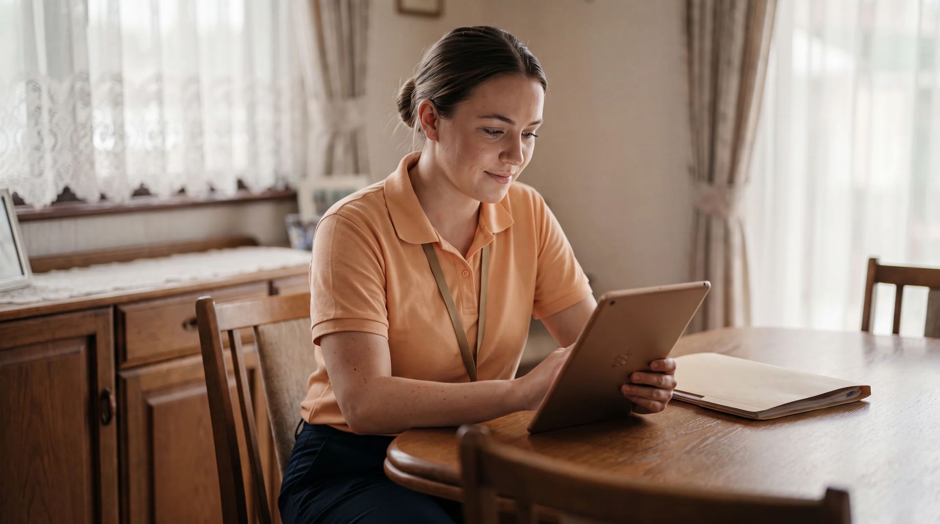 Home care worker reviewing care plan on tablet at client's dining table
