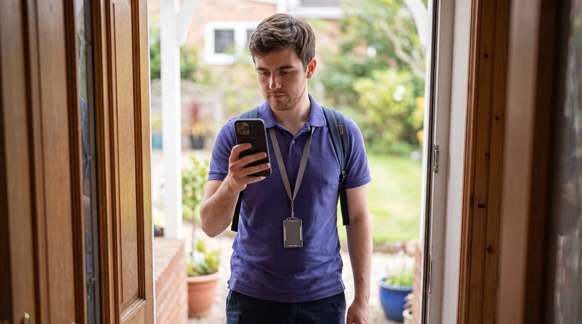 Home care worker checking the visit route on a smartphone at a client's front door