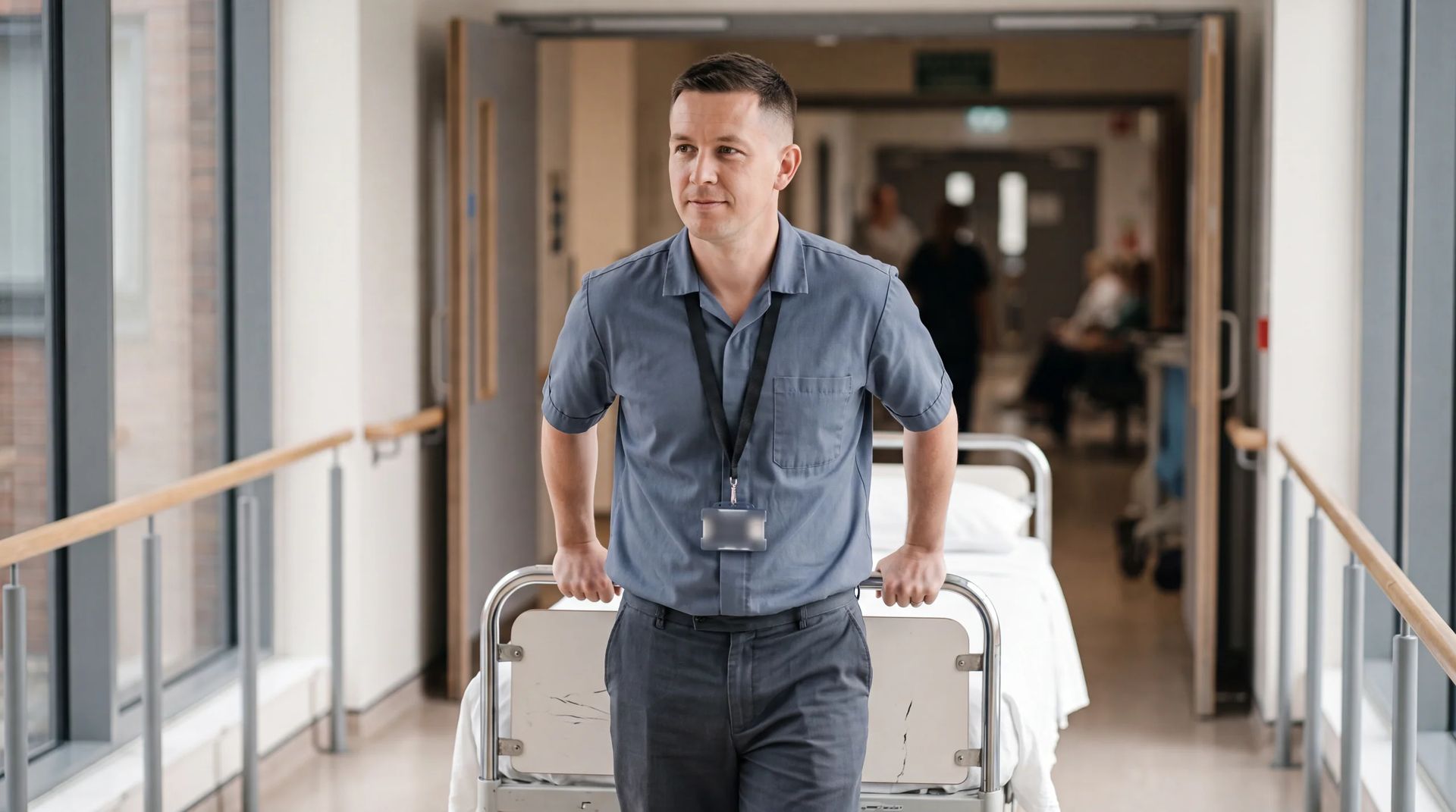 Staff member wheeling an empty hospital bed along a bright corridor