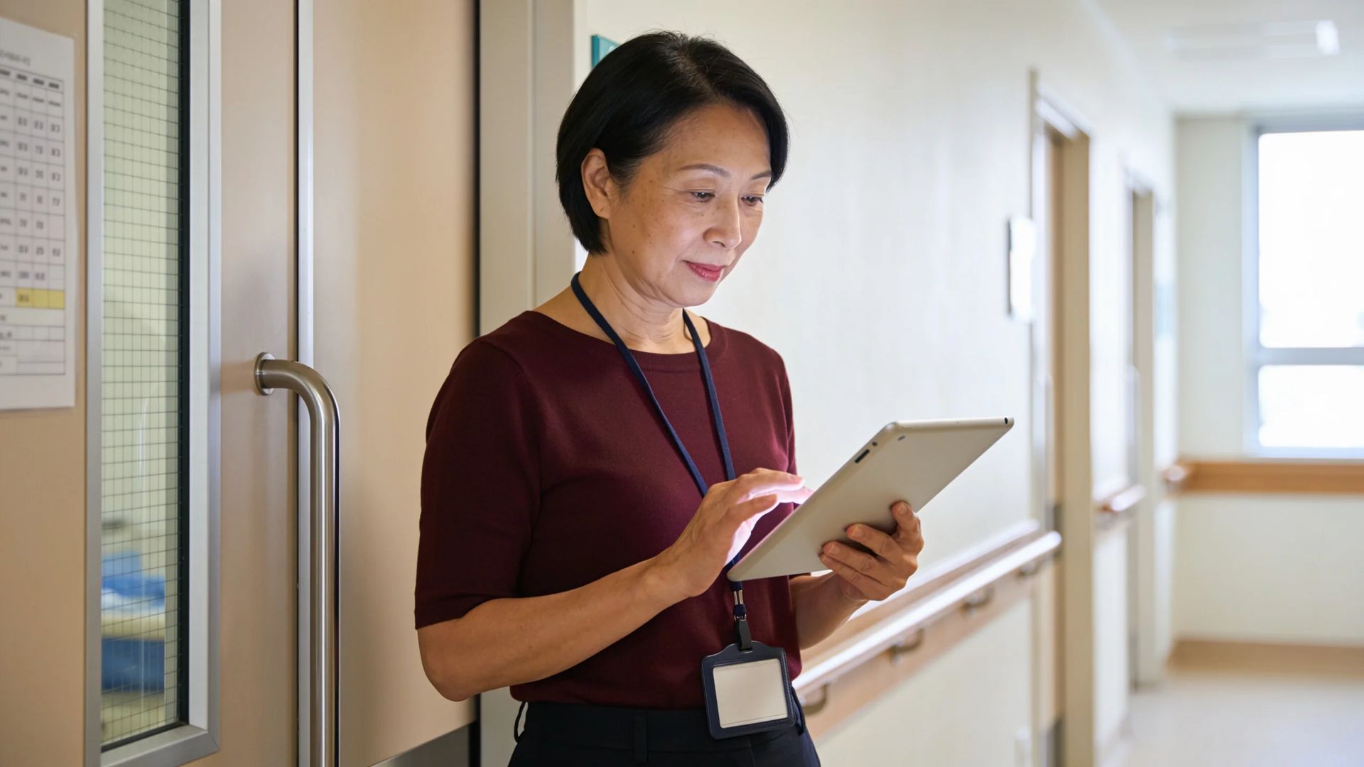 Staff member with a lanyard using a tablet beside a doorway