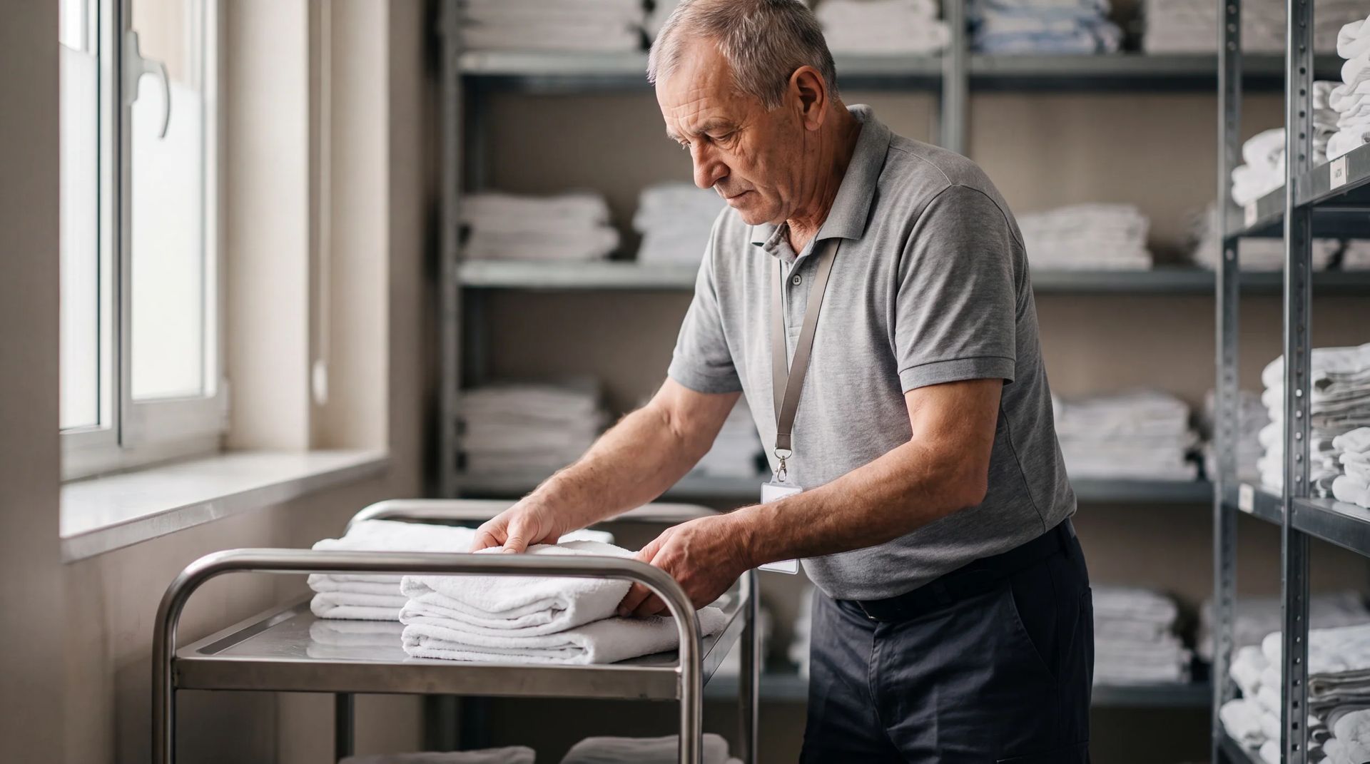 Worker stacking towels on a linen cart in a supply room