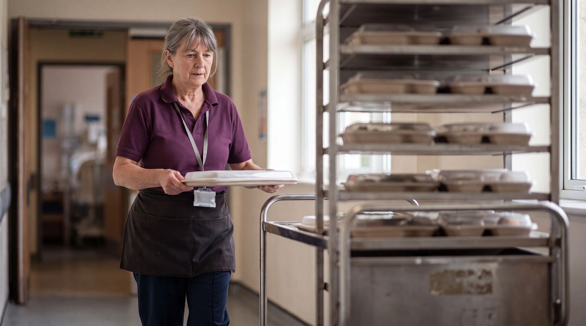 Staff member carrying a tray beside a meal cart