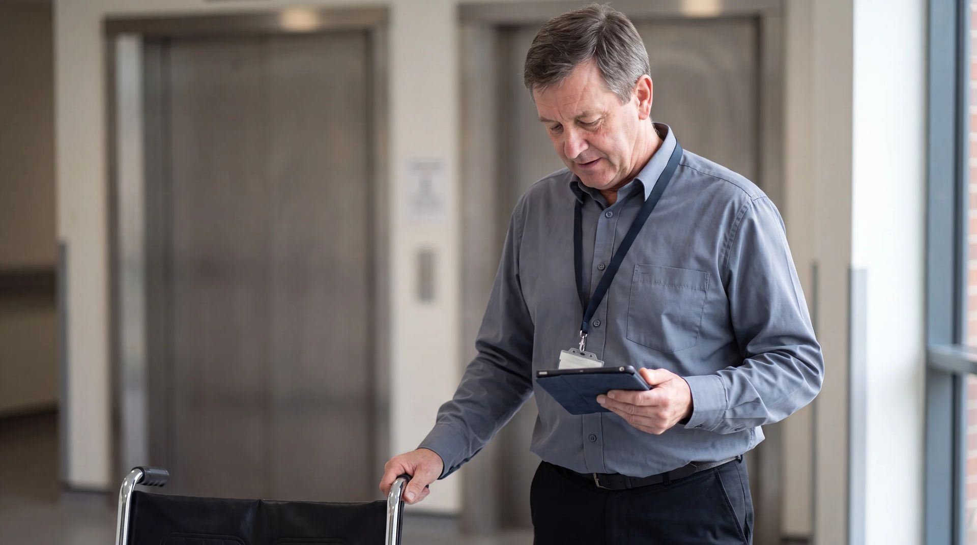 Staff member checking a tablet by the elevators, one hand on a wheelchair