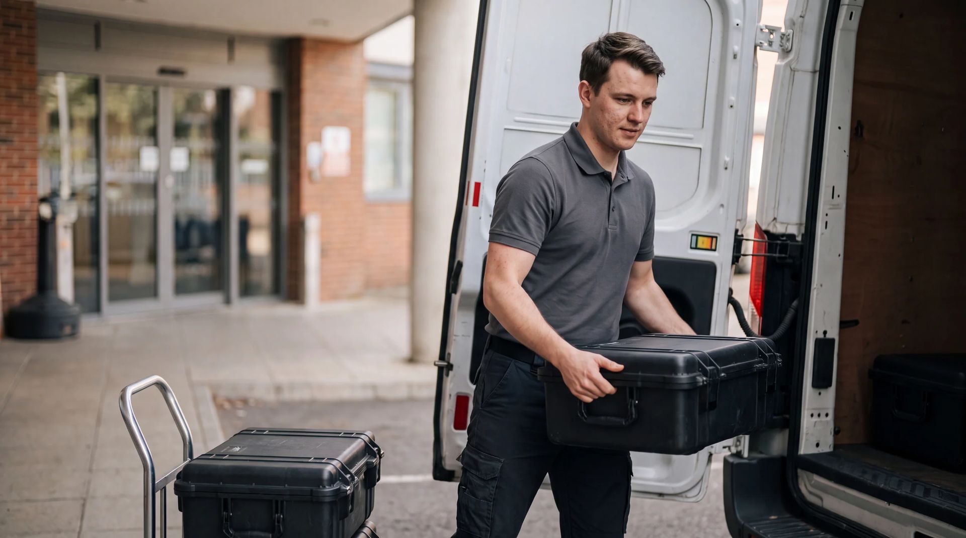 Worker unloading equipment cases from a van at a building entrance