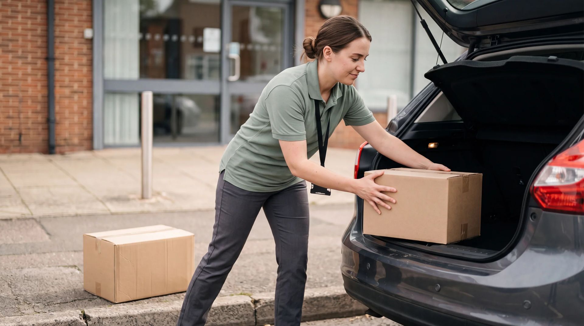 Outreach case manager loading resource boxes into hatchback