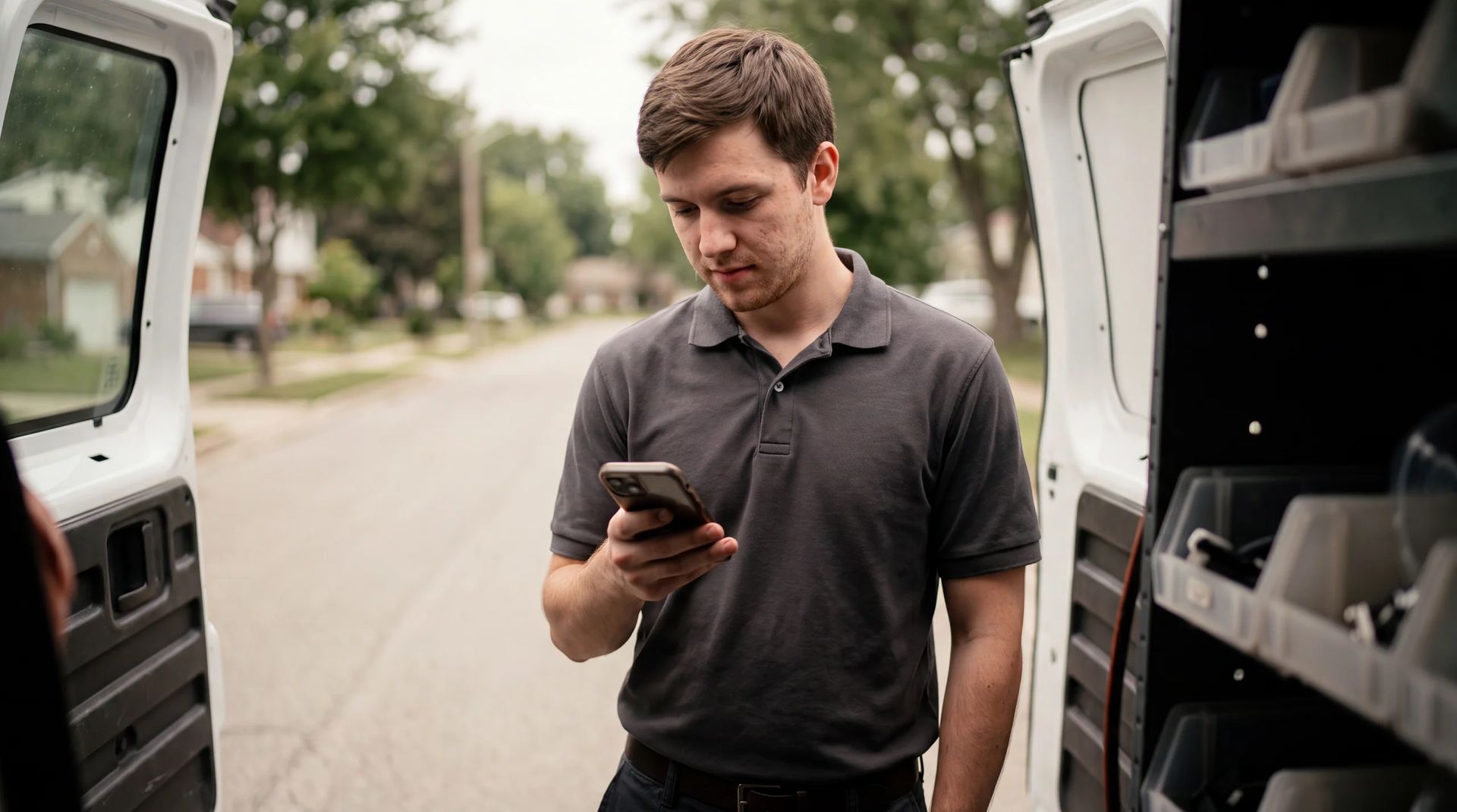 Repair tech checking job details on phone at open van rear