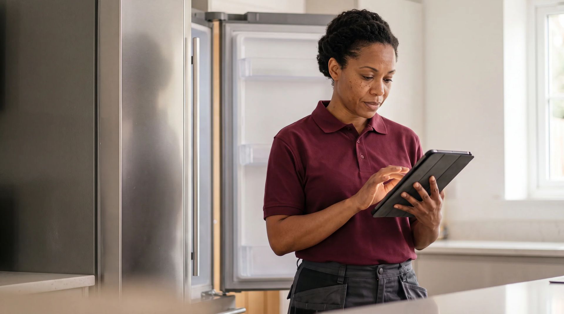 Repair tech logging appliance details on tablet beside open fridge