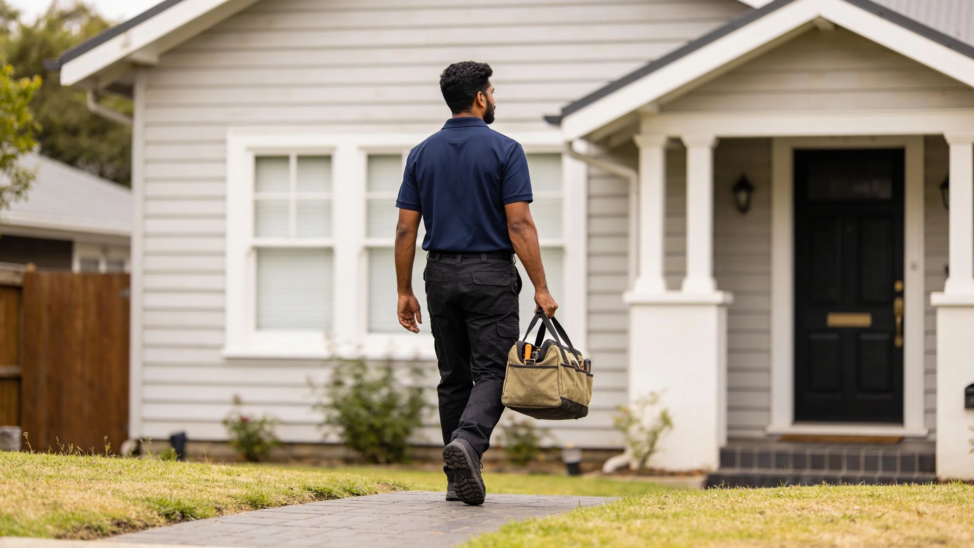 Worker arriving at front door with tool bag