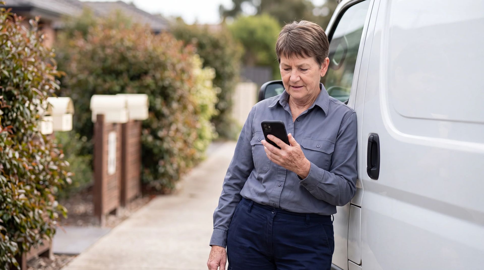 Worker checking a smartphone beside a van