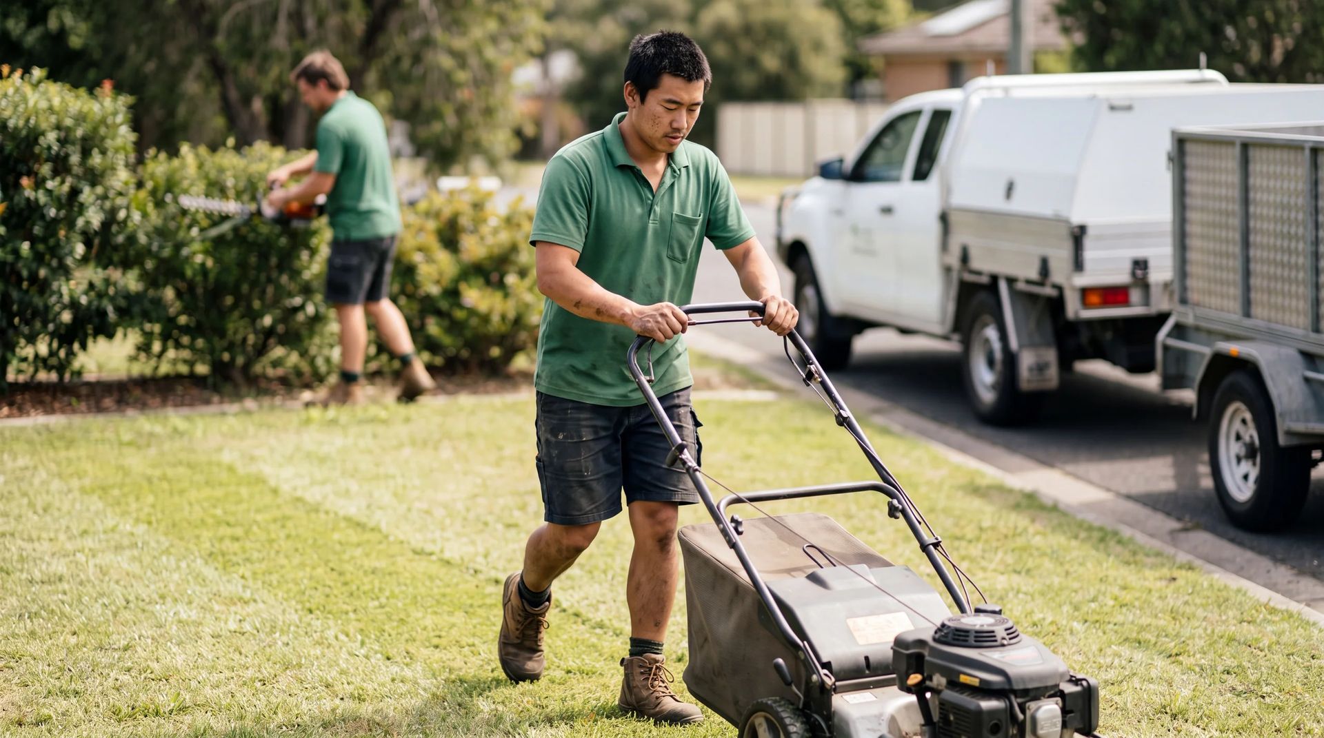 Grounds crew member mowing while a crewmate trims a hedge, work truck at the curb