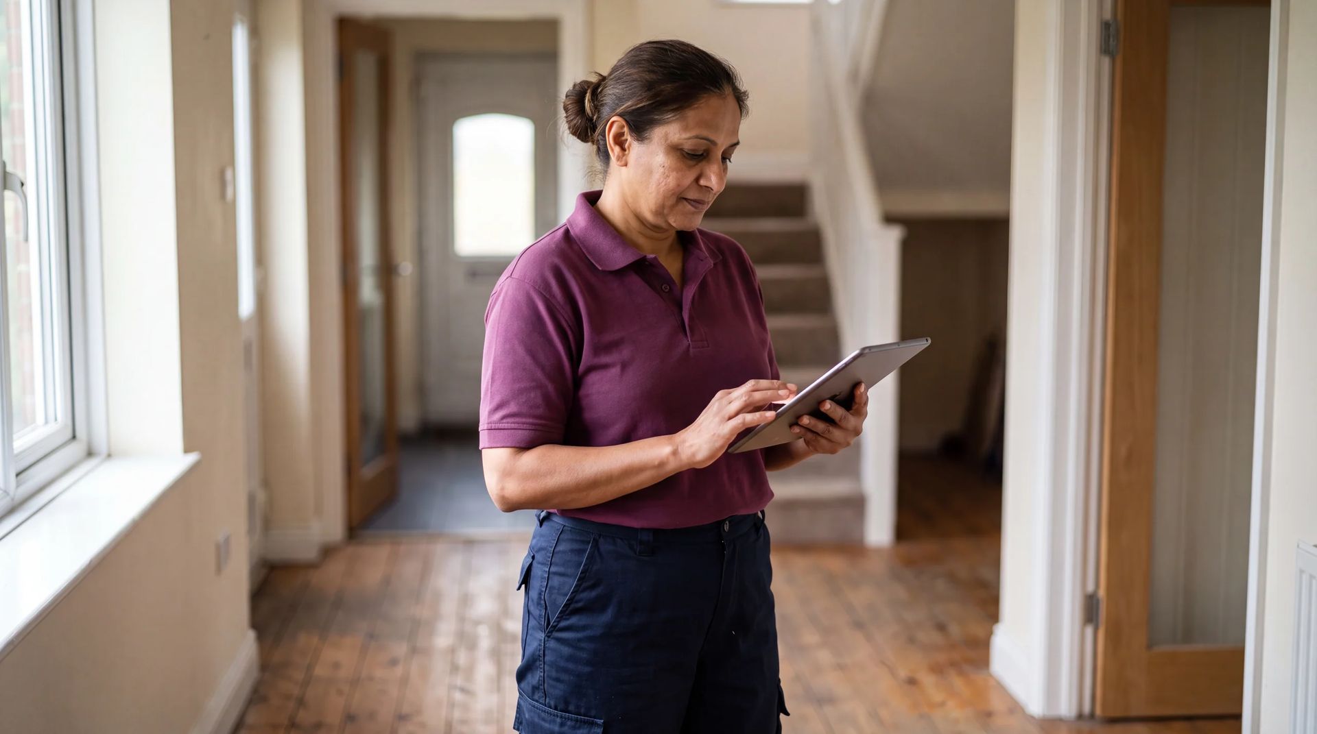 Worker using a tablet in the hallway of an empty house