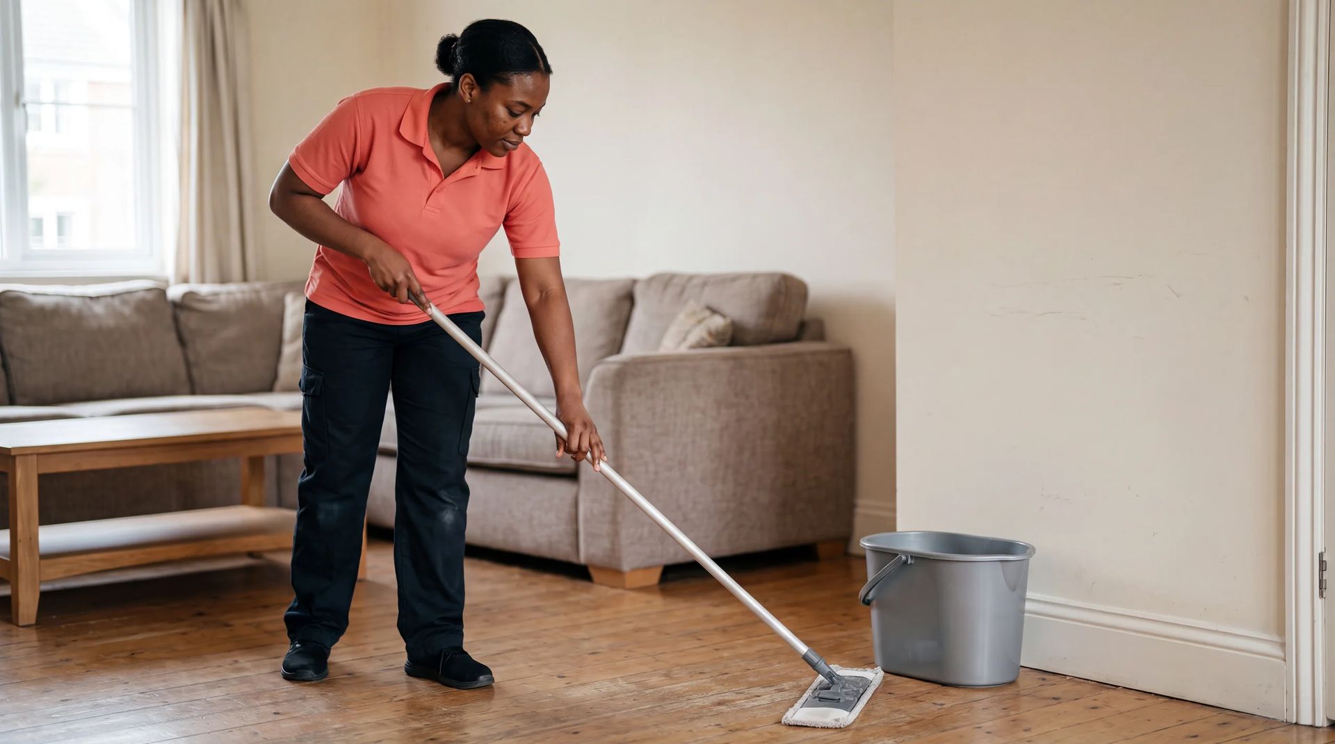 Cleaner mopping a wood floor in a living room