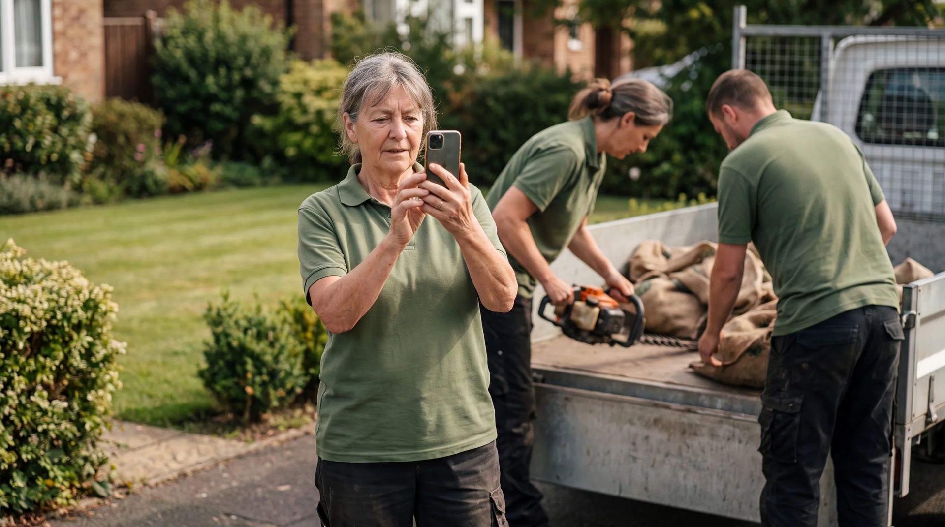 Worker taking a photo with a phone while two colleagues load a trailer