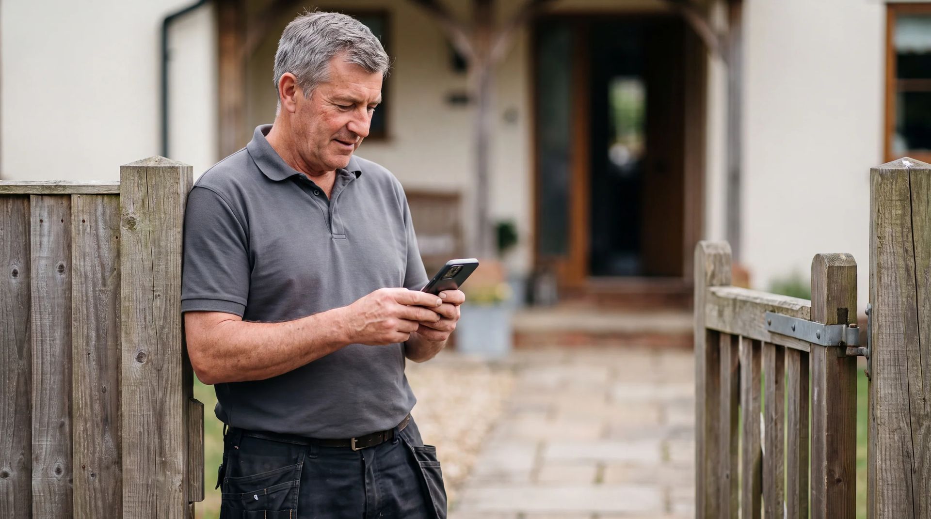 Supervisor confirming completed job on smartphone at front gate