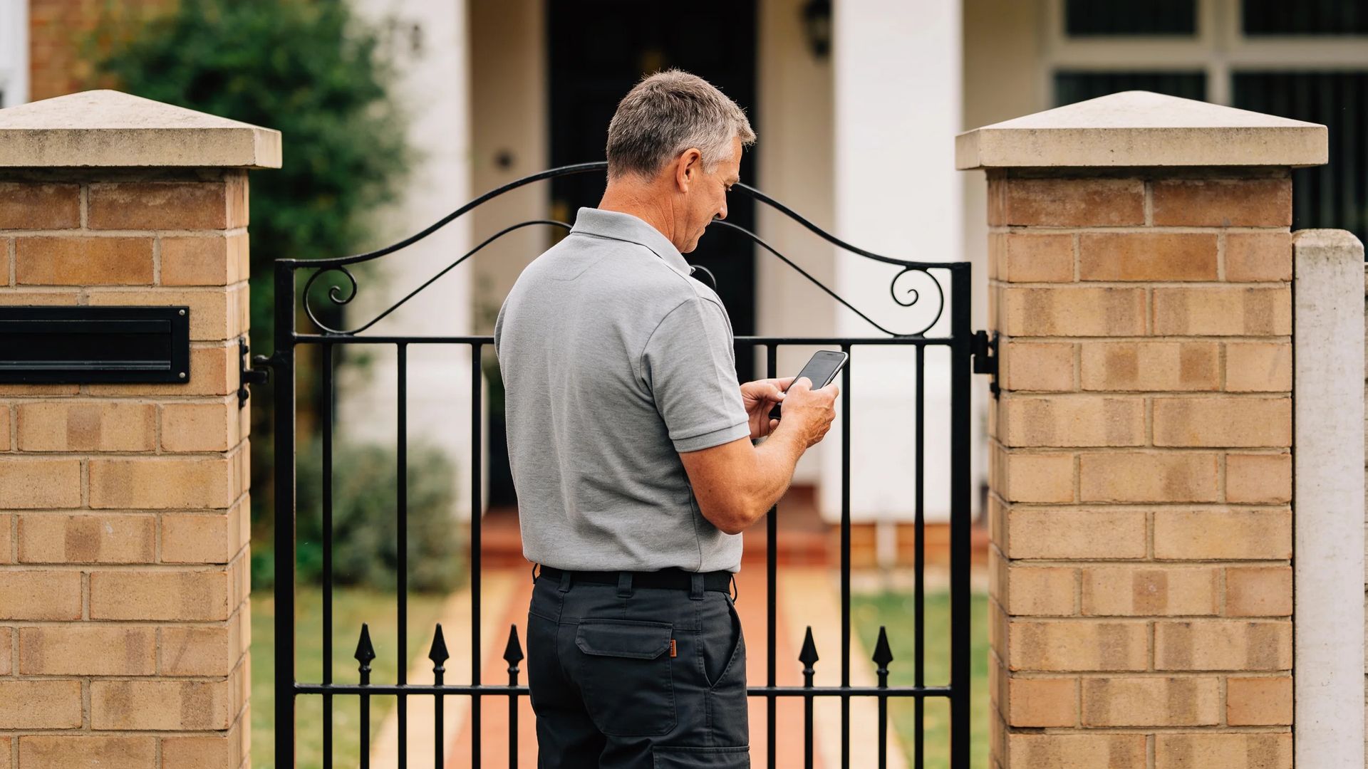 Worker checking a smartphone at a front gate