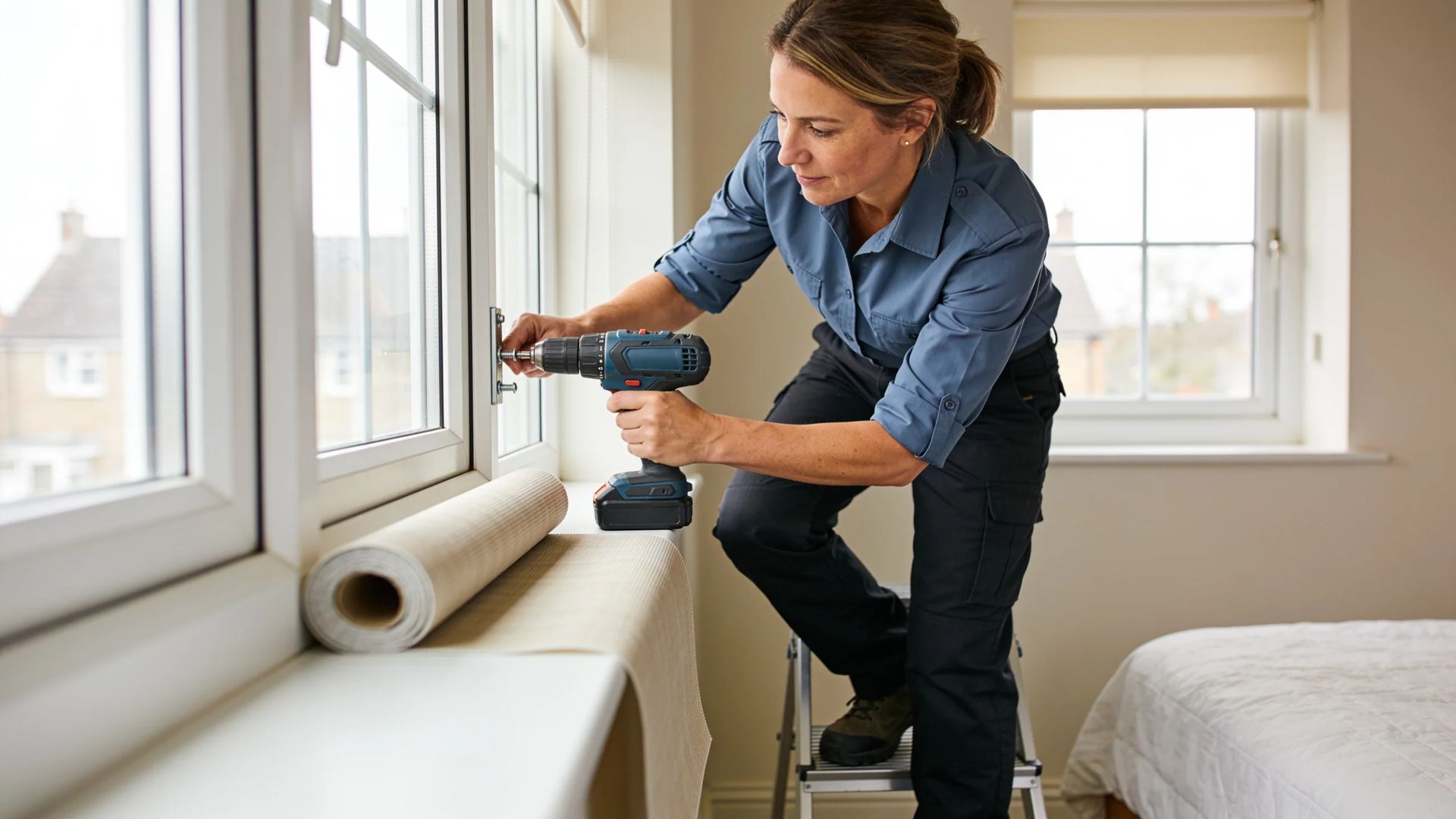 Installer fitting roller blind bracket with drill