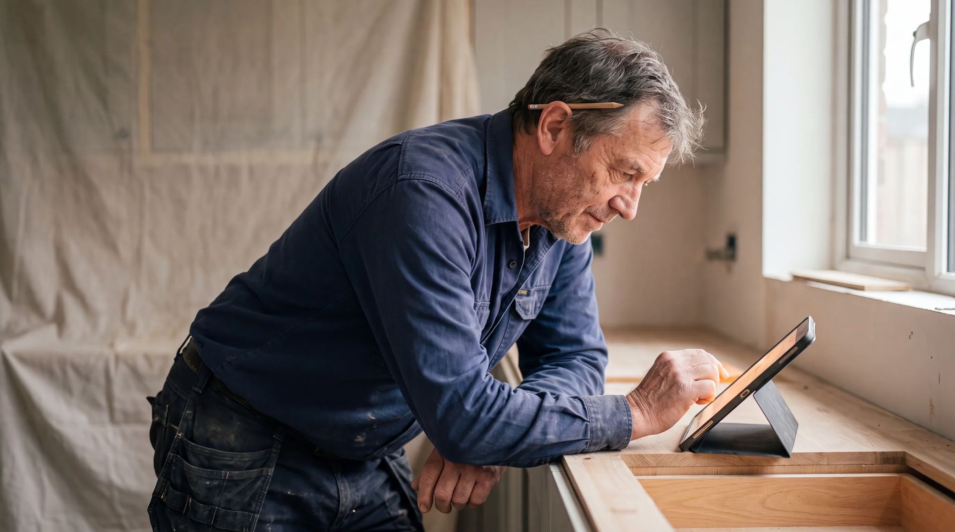 Supervisor reviewing plans on a tablet at a kitchen counter during a renovation