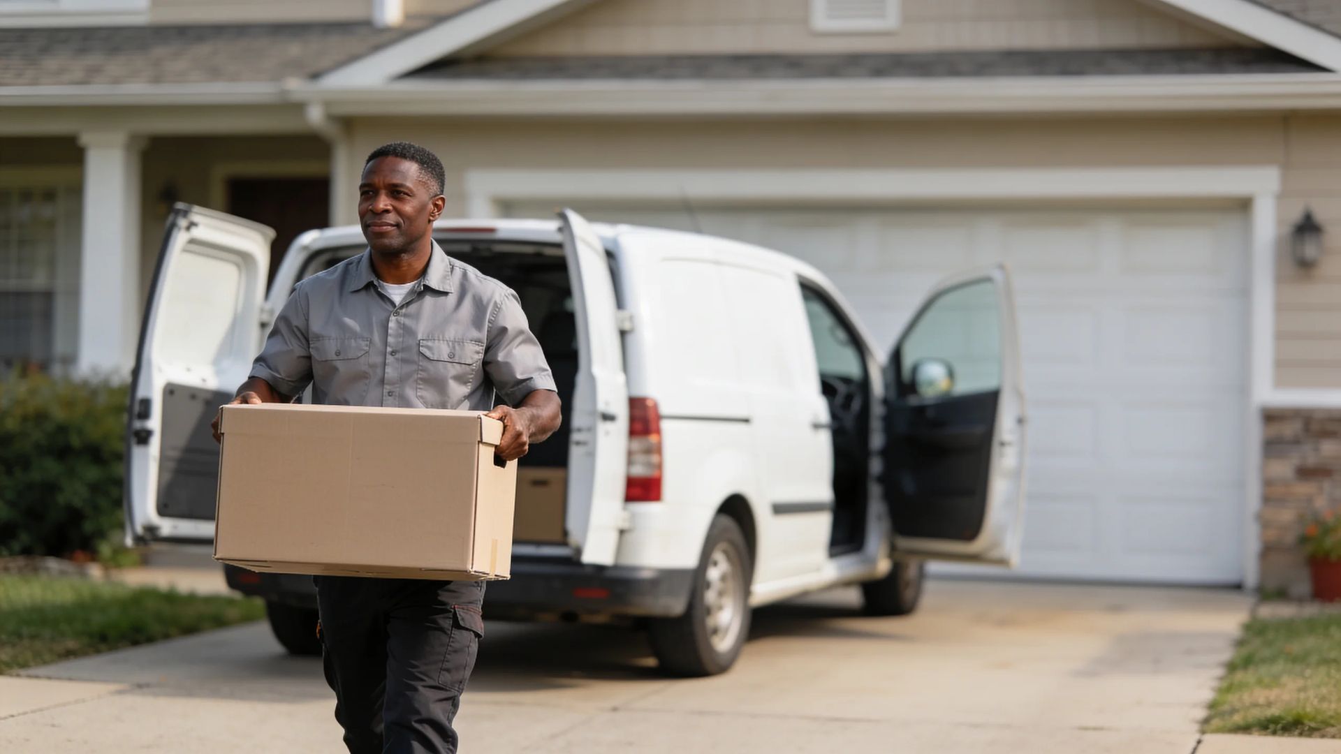 Worker carrying a box from a van toward a house
