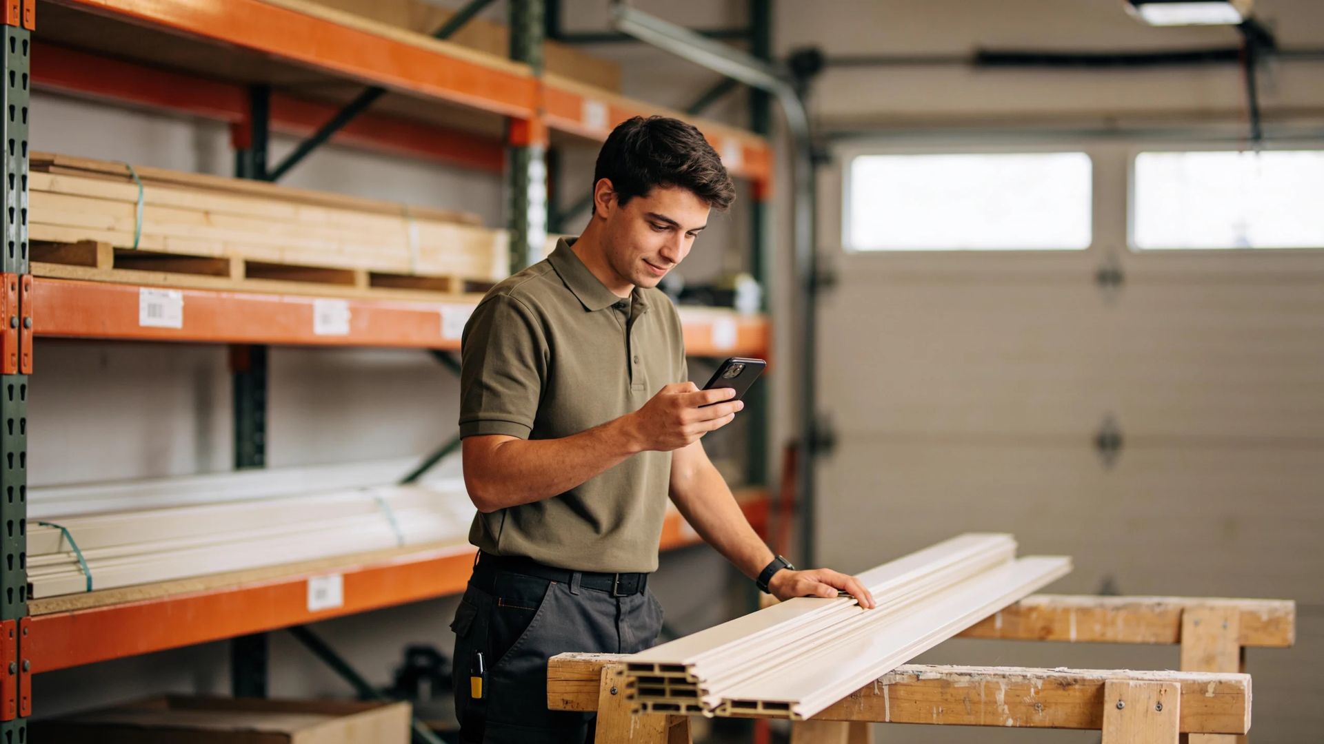 Worker checking a phone beside trim boards in a garage workshop