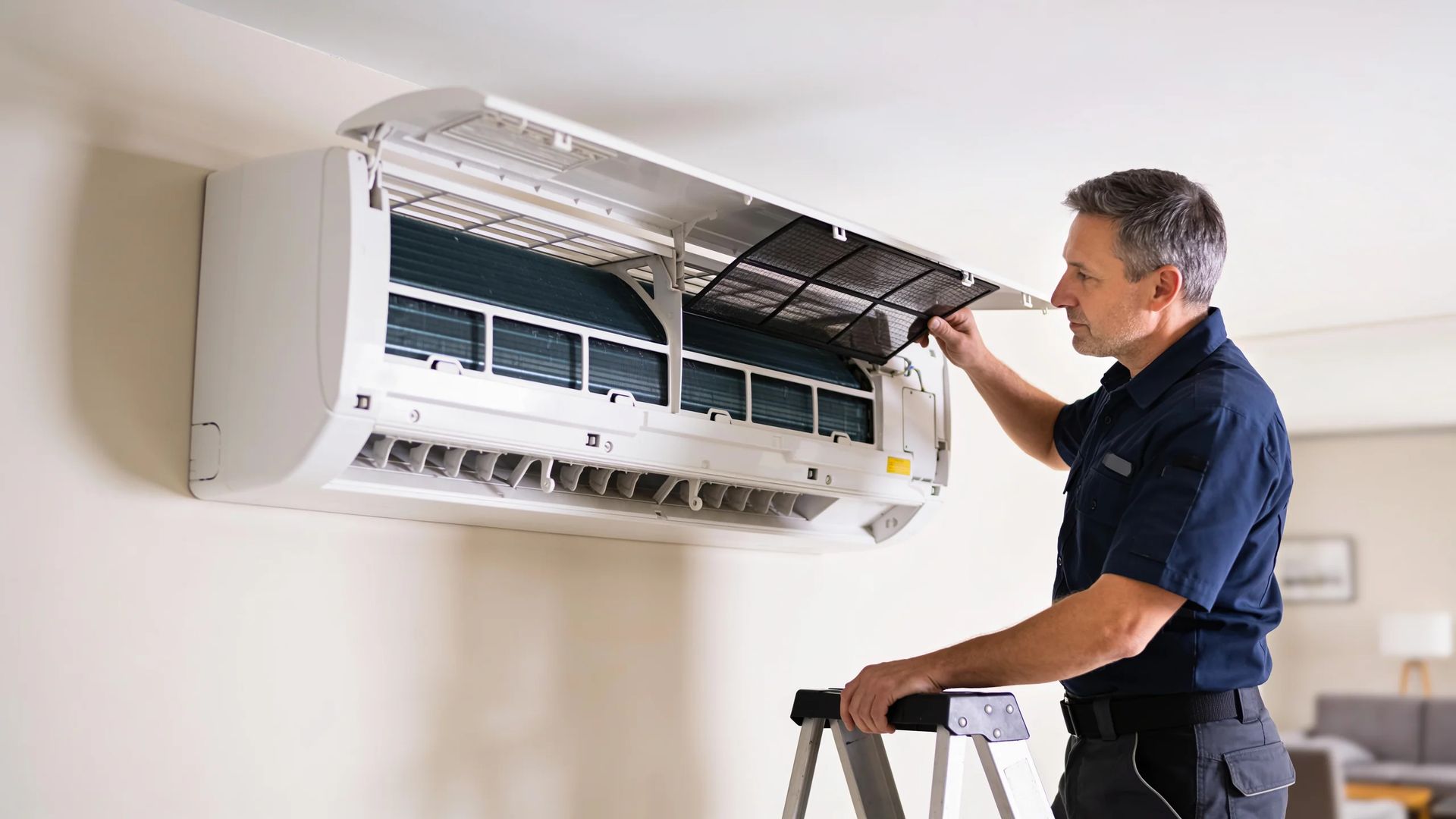 Technician checking a split-system filter from a stepladder
