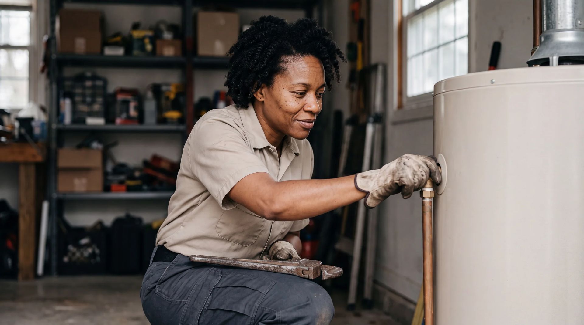 Plumber checking water heater valve in garage