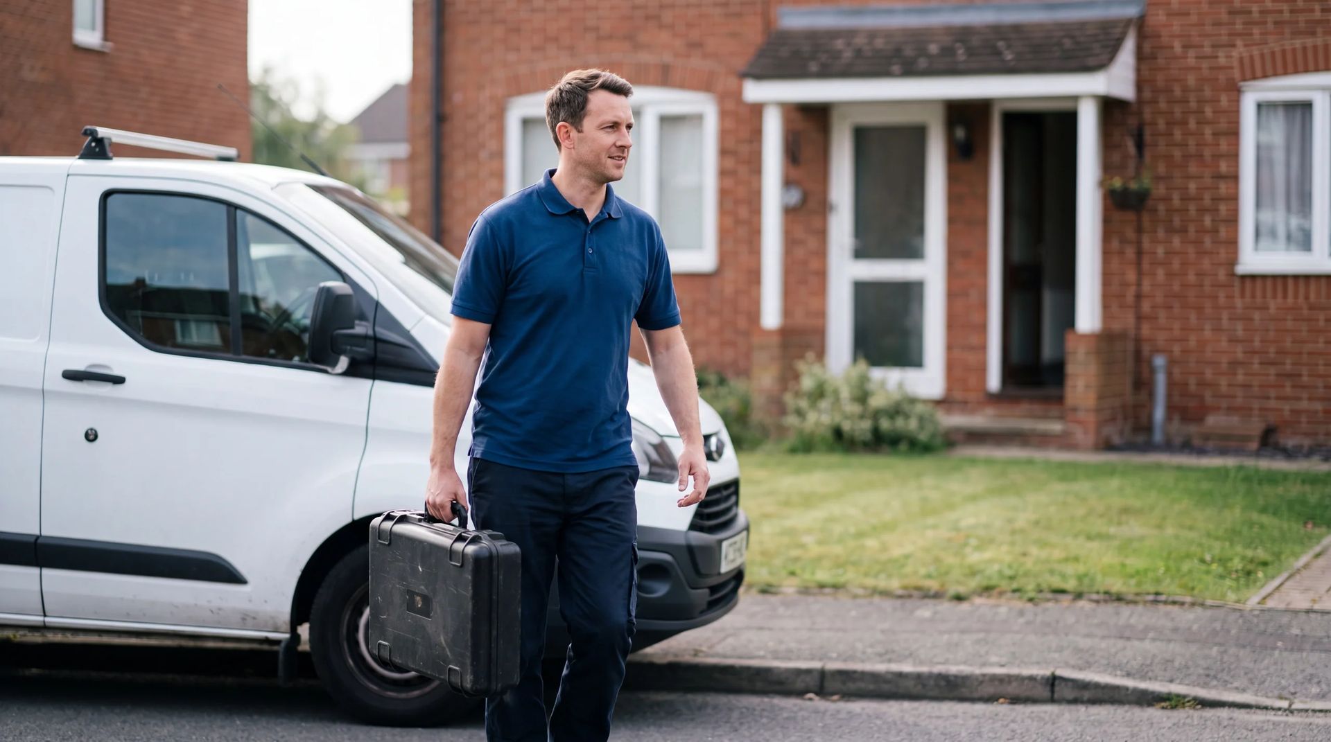 Technician walking from van to front door with tool case