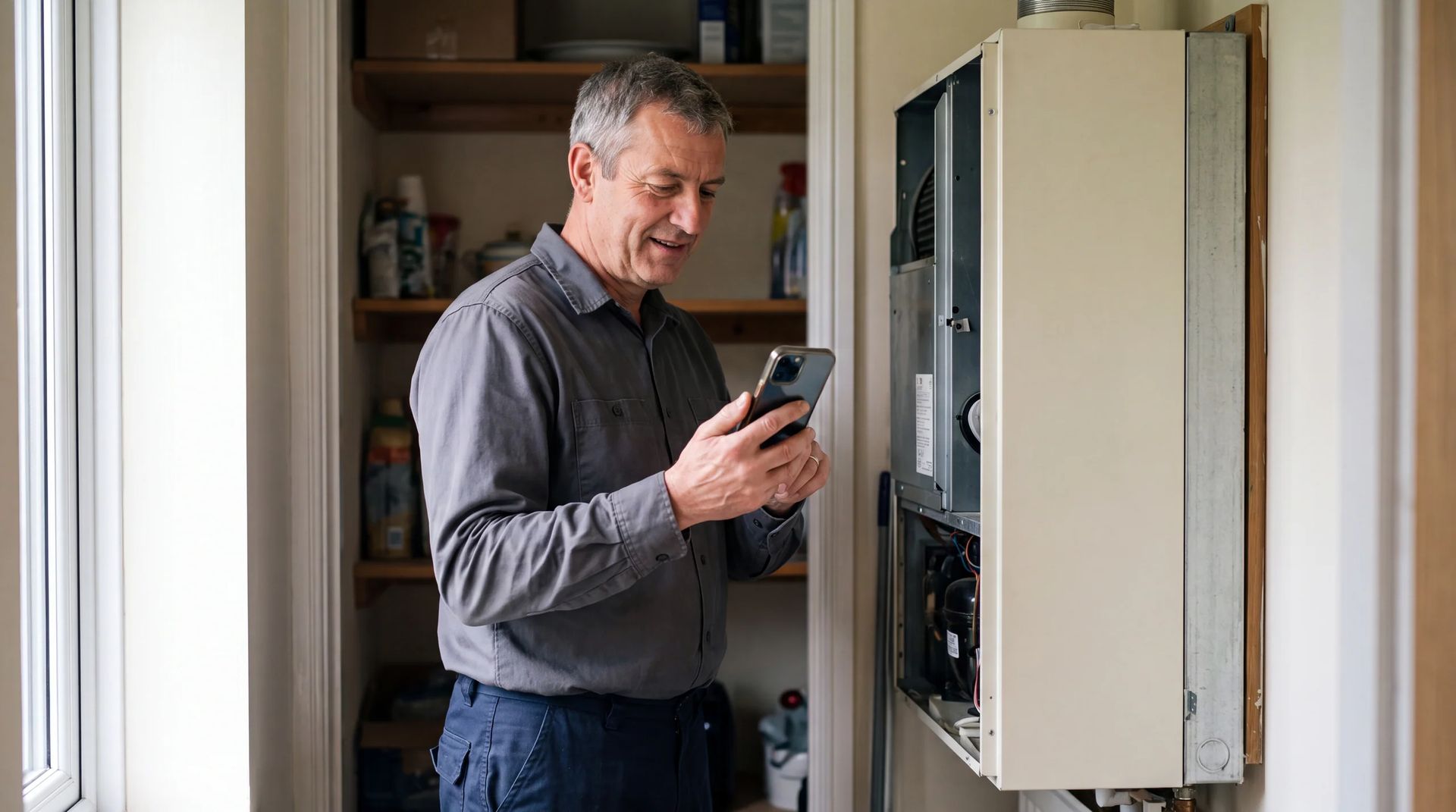 Technician using a phone beside an open indoor unit