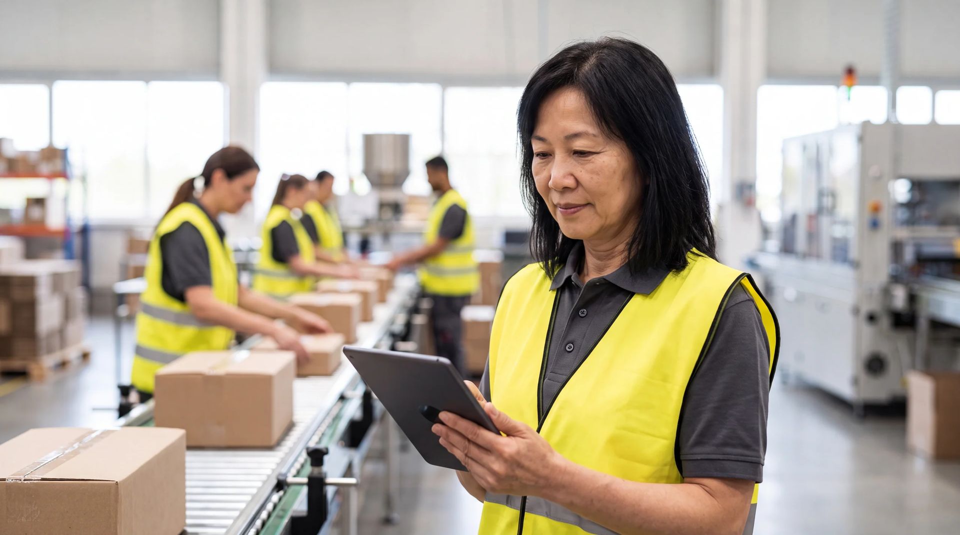 Worker in a hi-vis vest using a tablet beside a packing line