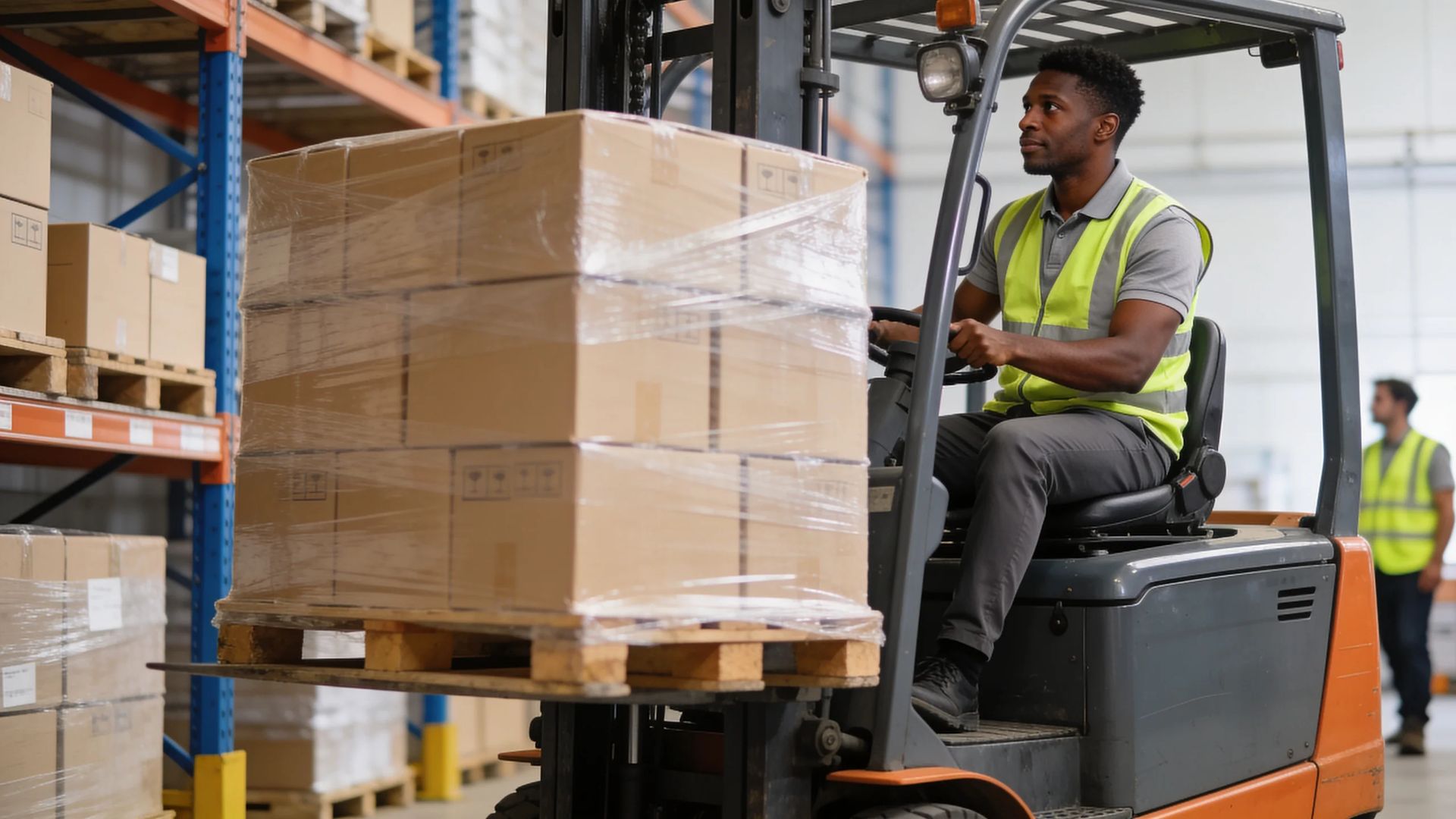 Forklift operator moving shrink-wrapped pallet in warehouse