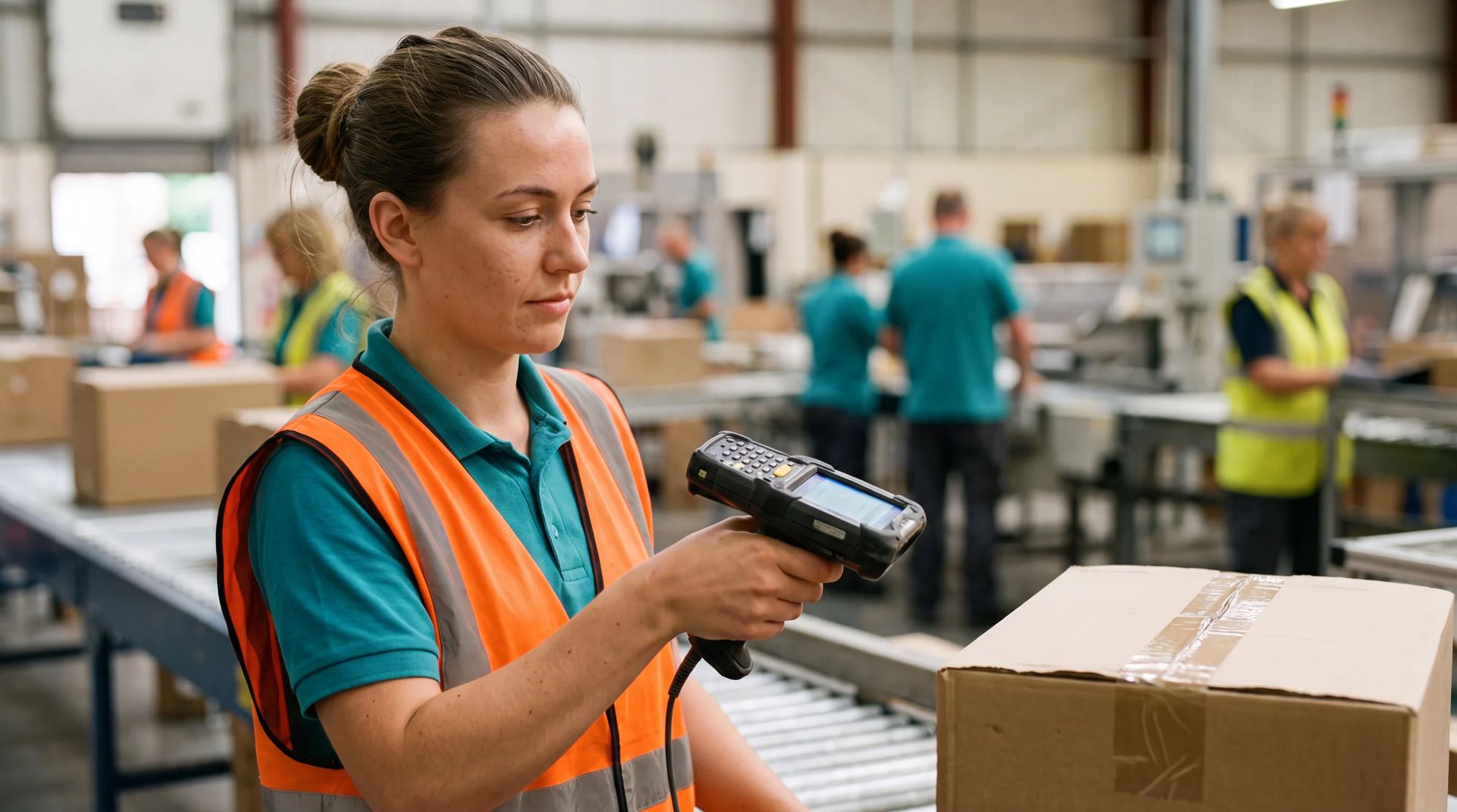 Operator scanning carton with handheld scanner on line