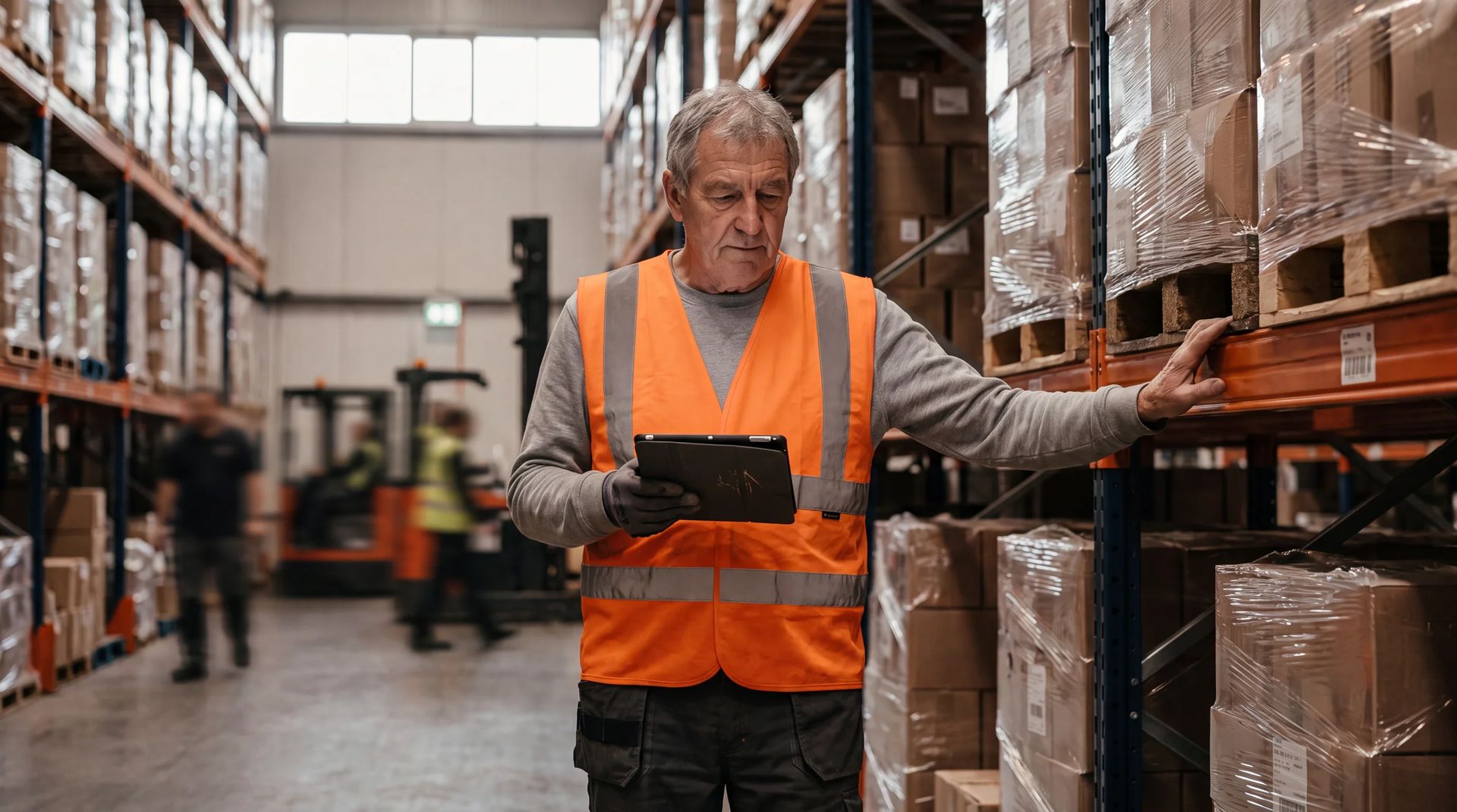 Worker in a hi-vis vest holding a tablet at warehouse racking