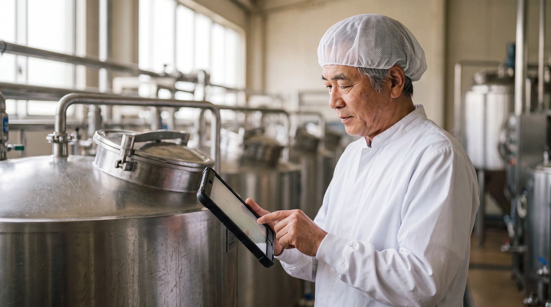 Operator recording tank temperature reading on tablet