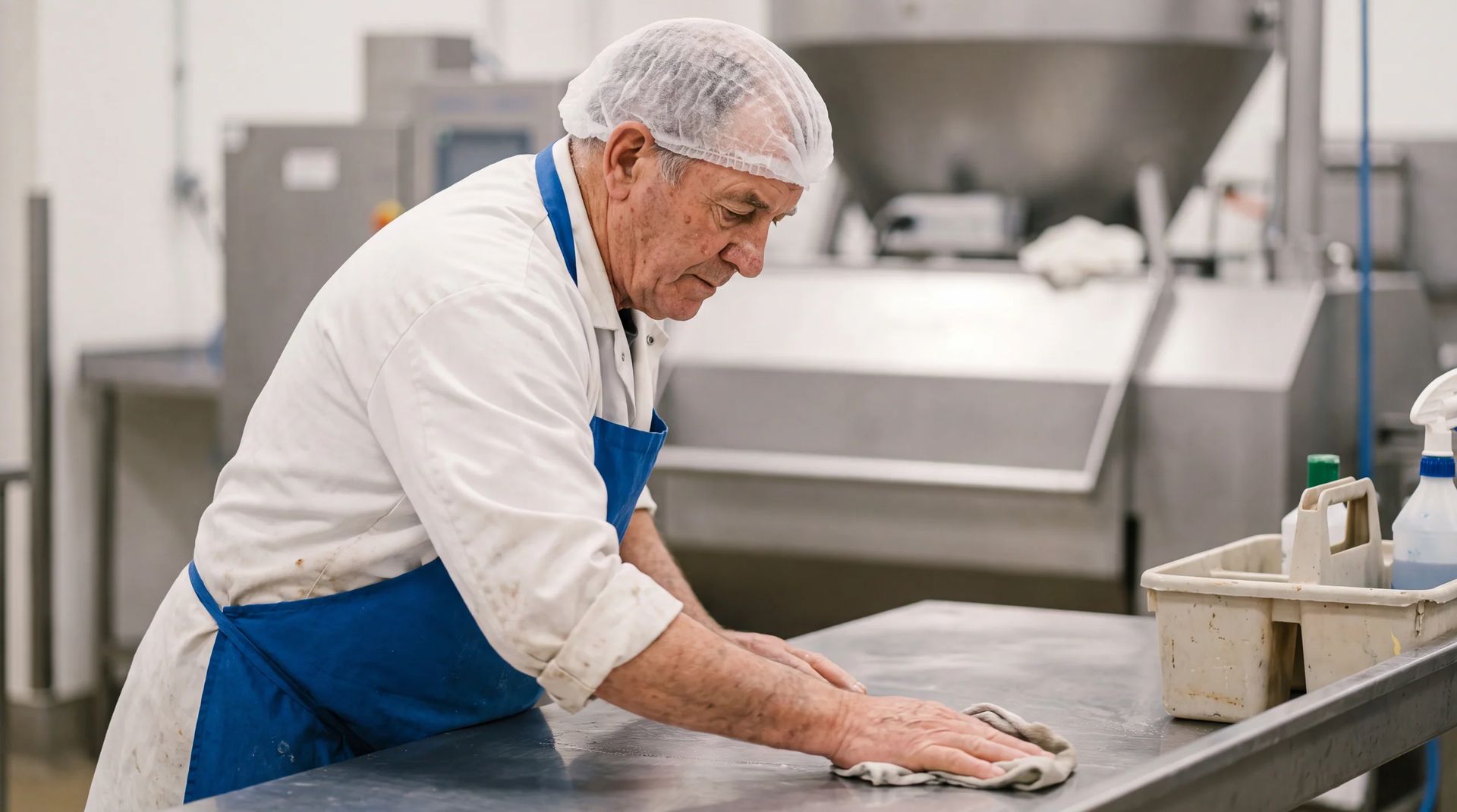 Worker in a hairnet wiping down a stainless steel table