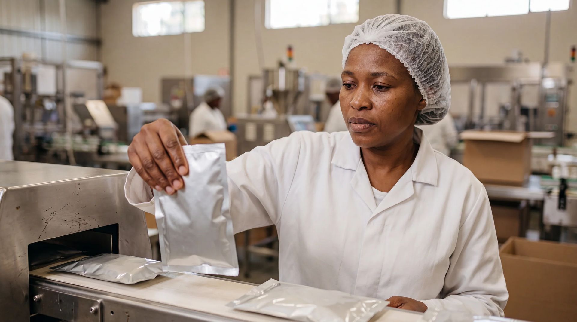 Line lead inspecting sealed pouches at checkweigher