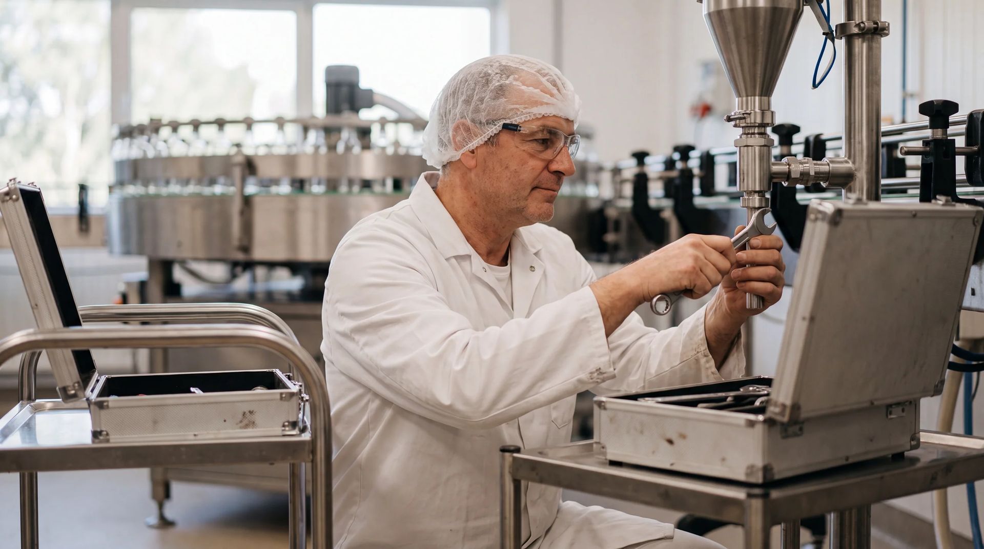 Technician adjusting filler nozzle during line pause