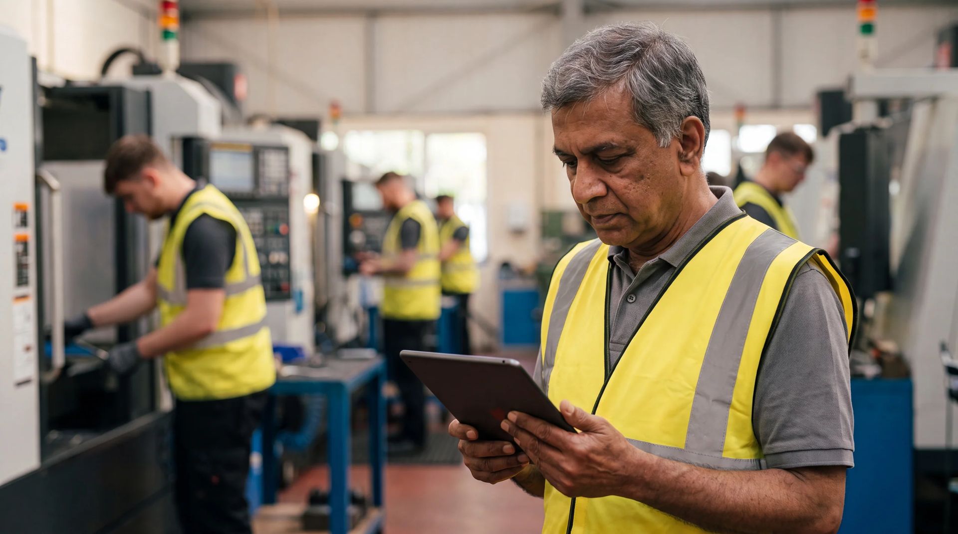 Production planner reviewing job queue on tablet on factory floor