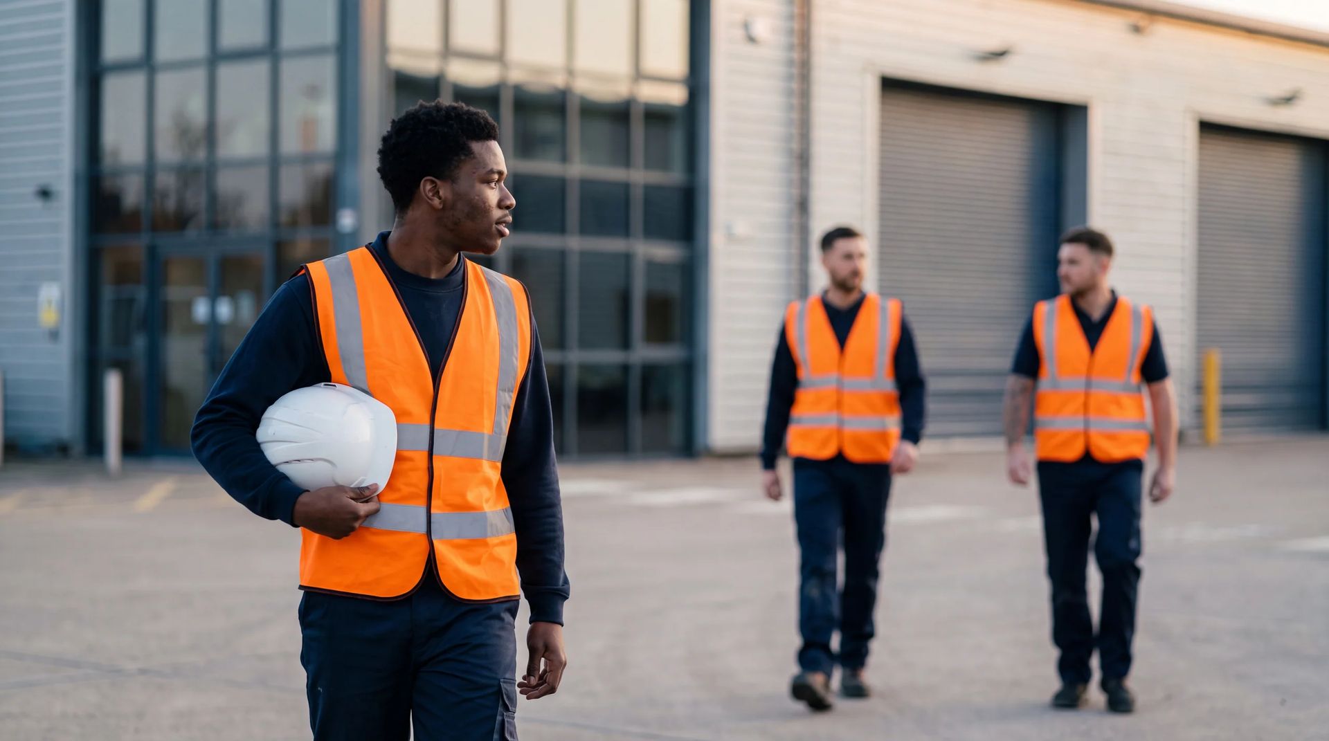 Worker arriving at plant entrance with hard hat
